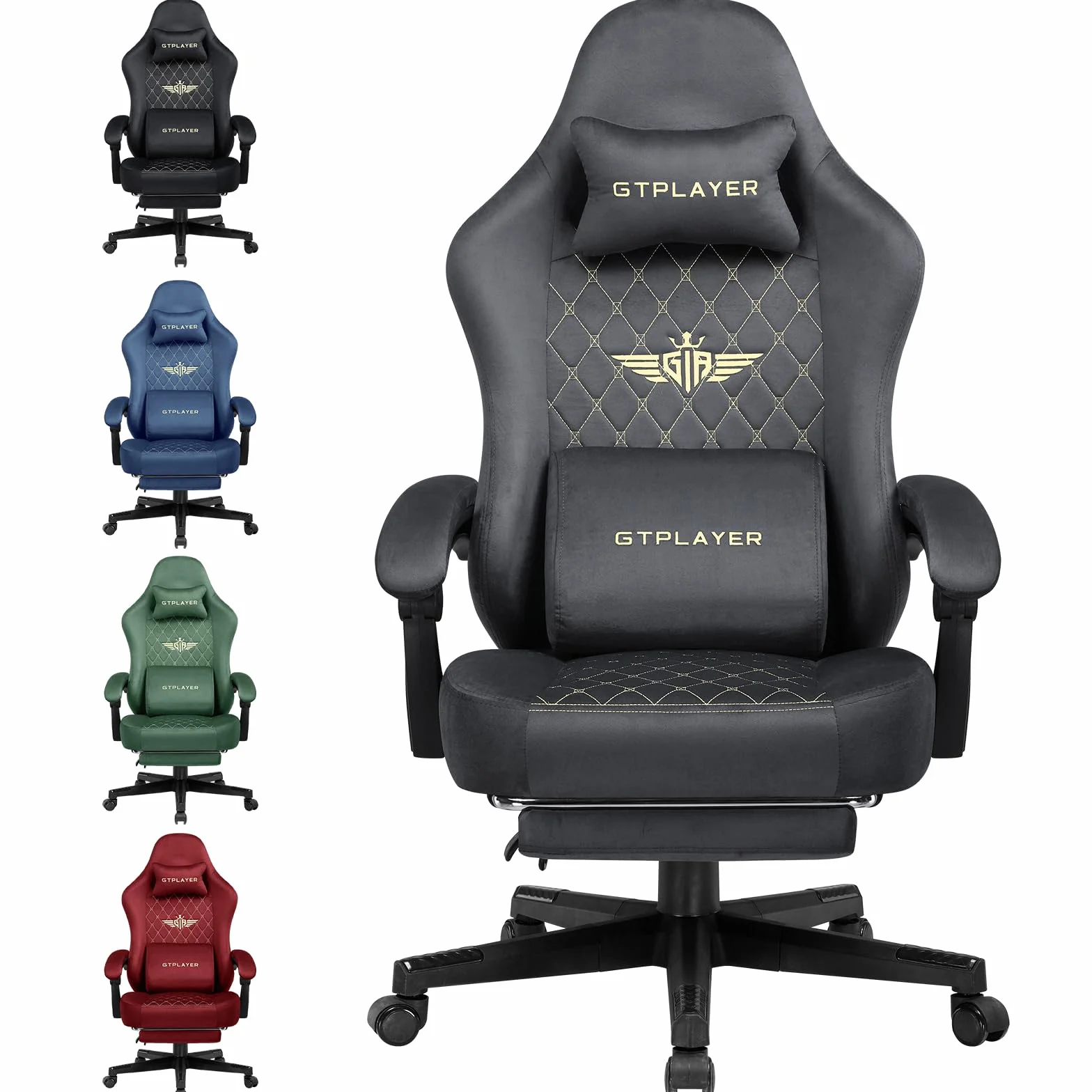 GTPLAYER Ergonomiczne krzesło gamingowe z tkaniny, obciążenie do 150 kg, regulowane i obrotowe, z poduszką do siedzenia sprężynową i podnóżkiem, kolor szary