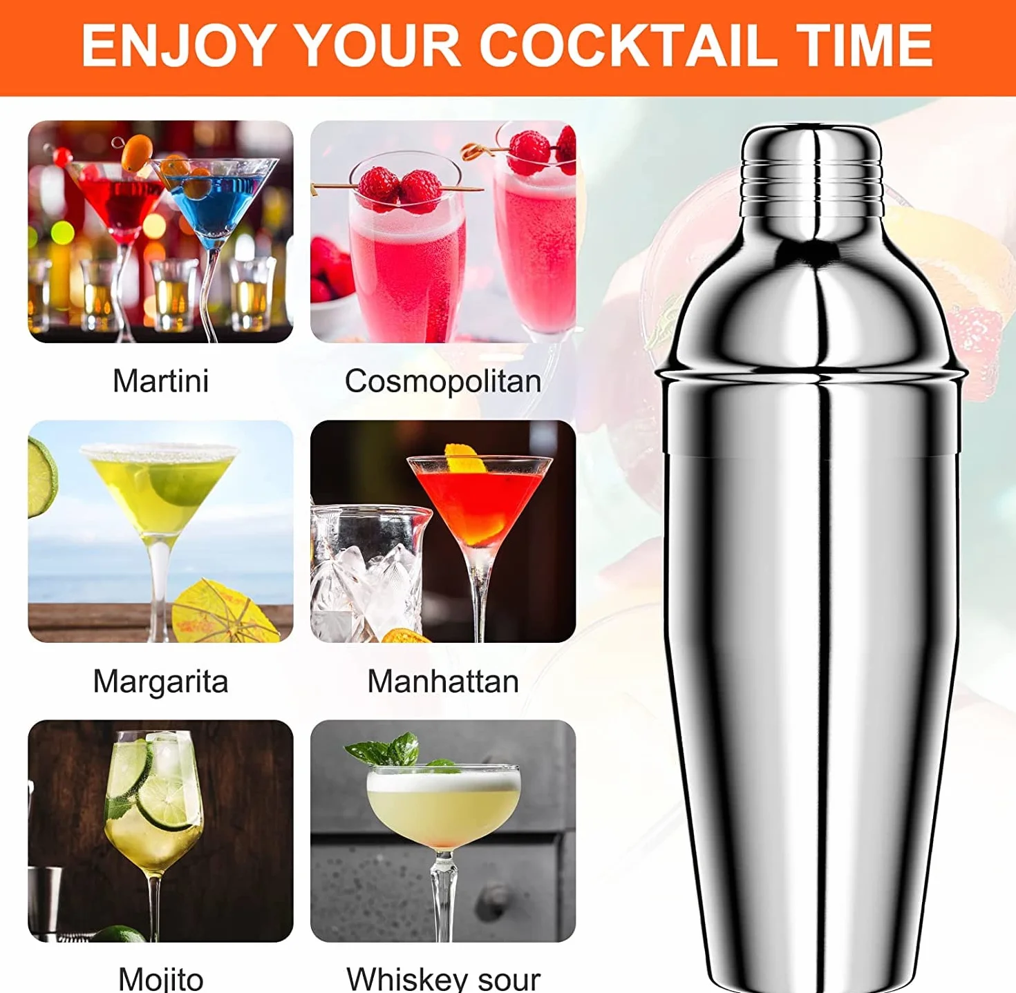 Gvolatee Zestaw koktajlowy 750 ml, 8 elementów ze stali nierdzewnej Shaker Mixer, profesjonalne akcesoria barmańskie, z Shakerem, podwójną miarką, łyżką, nalewakiem, do domu, mieszania drinków, baru, na imprezy (srebrny)