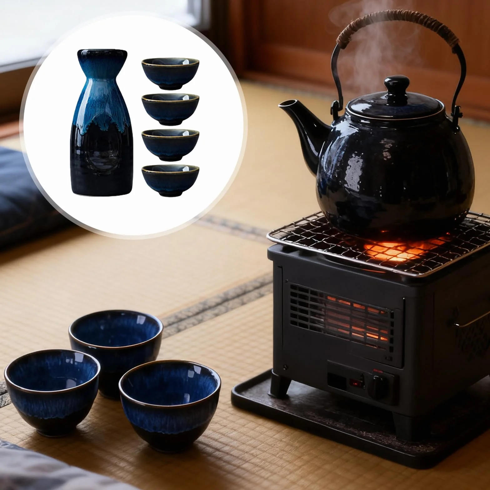 Zestaw japońskiego sake z ceramiki, 5-częściowy japoński zestaw sake z 4 kubkami do sake, 1 dzbanek do sake, zestaw dzbanków do sake z ceramicznych kubków, zestaw porcelanowych liquorów, zestaw kubków