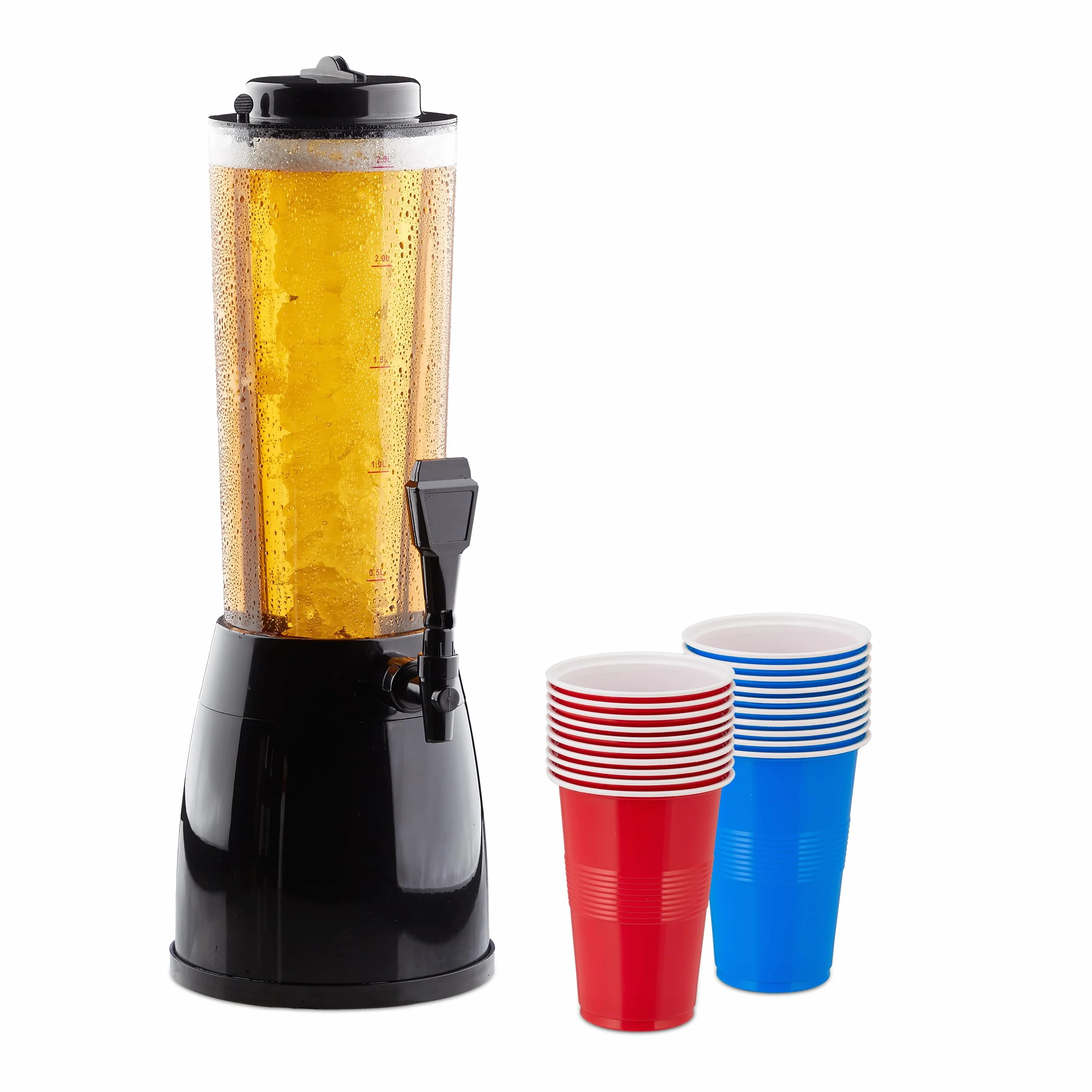 Relaxdays Kolumna piwa, 2,5 l, 20 kubków do piwa, wieża piwna z chłodzeniem i kranikiem, tworzywo sztuczne, dozownik do napojów, kolorowy