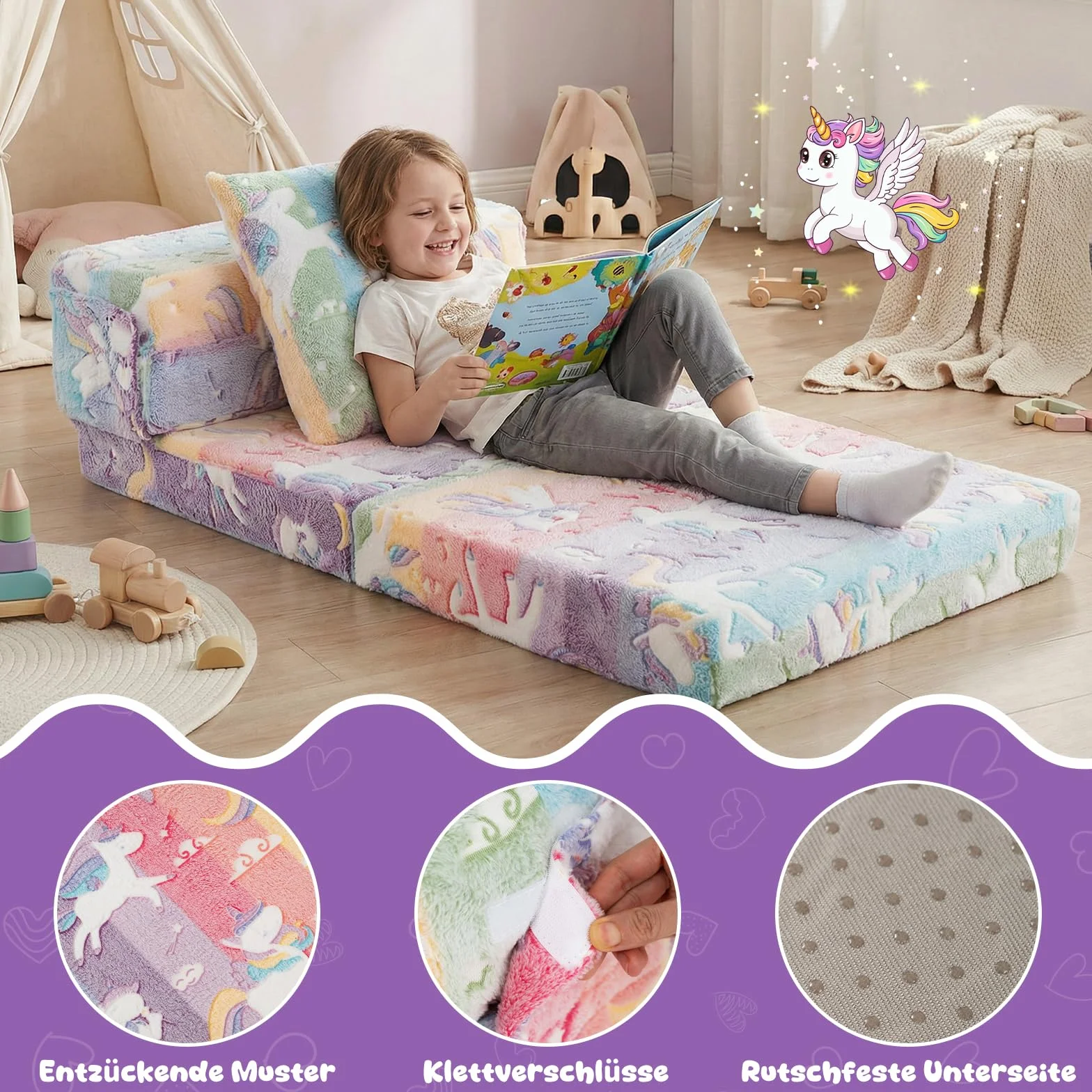 COSTWAY Sofa dziecięca 3 w 1 świecąca w ciemności, składany fotel z poduszką i zdejmowanym pokrowcem, wyściełana sofa do zabawy z funkcją spania do pokoju dziecięcego, kolorowy