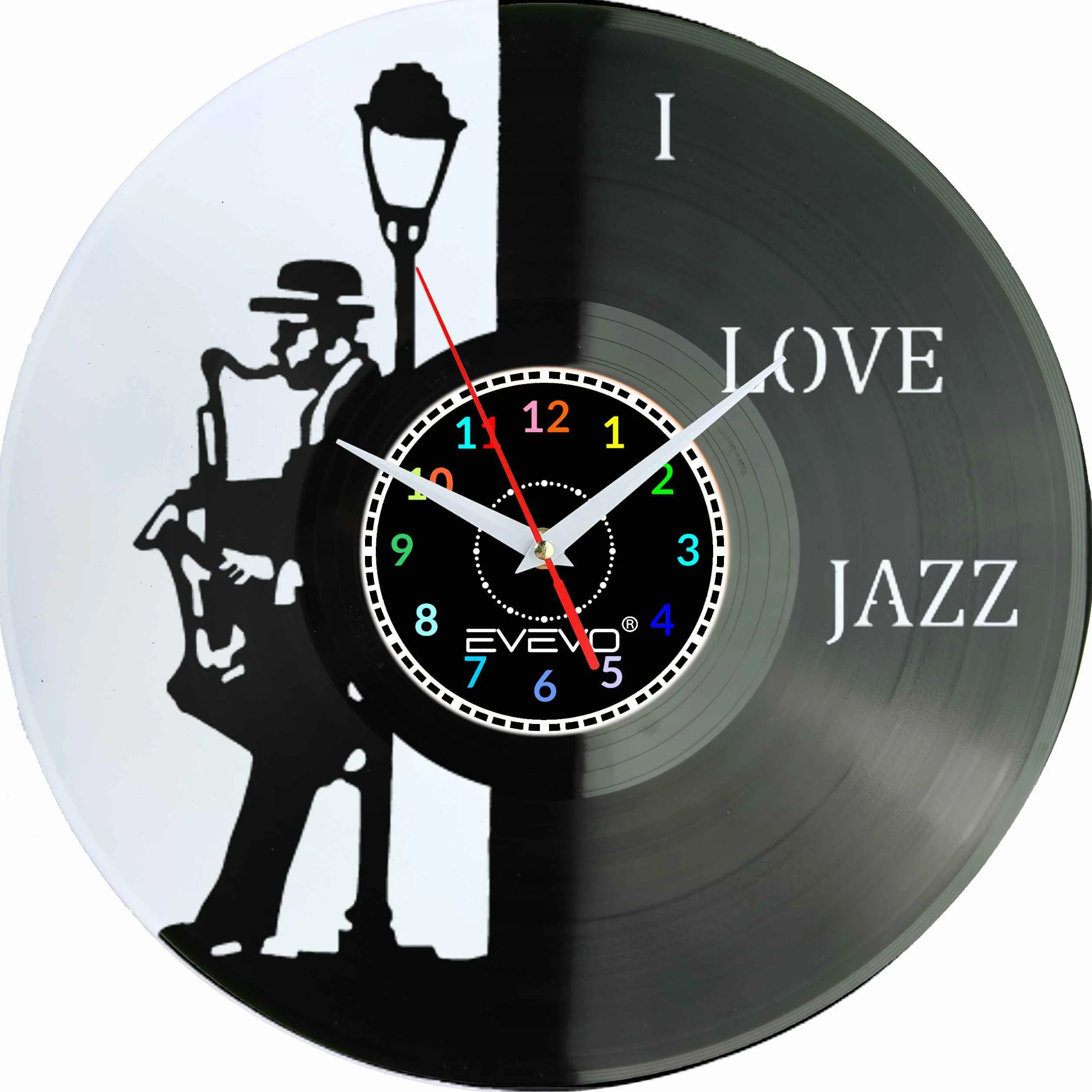 ZEGAR ŚCIENNY LOVE JAZZ MUZYKA SAKSOFON FLUORESCENCYJNE TŁO PŁYTA WINYLOWA PREZENT UPOMINEK GIFT SOUVENIR EVEVO F0077