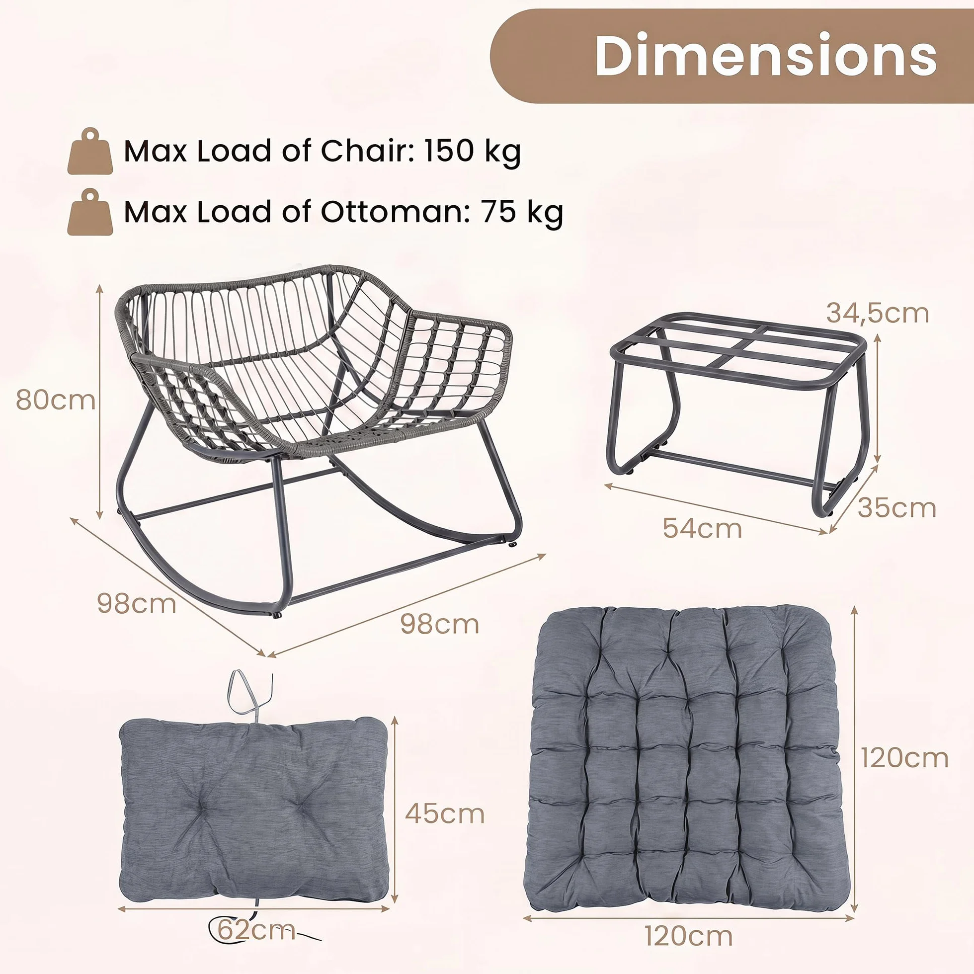 GIANTEX Fotel bujany z podnóżkiem, ergonomiczny fotel bujany, miękka i zdejmowana poduszka, krzesło w kształcie jajka z metalową ramą, do użytku na zewnątrz i wewnątrz, nośność 150 kg (kolor szary)
