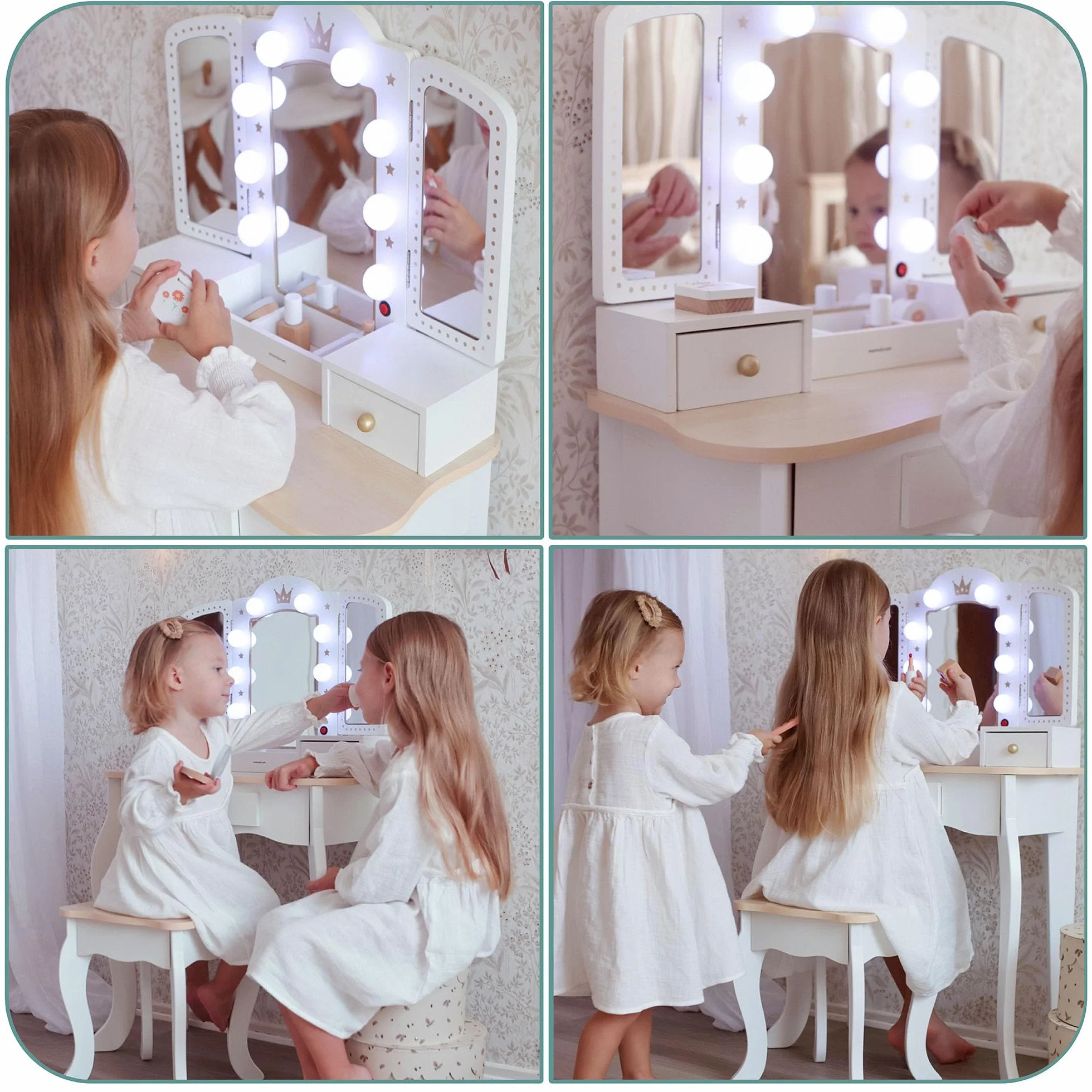 Mamabrum Drewniana Toaletka dla Dzieci 3+, XXL z Taboretem i Oświetleniem LED, 3-Skrzydłowe Lustro, Duża Szuflada, Akcesoria, Odgrywanie Ról Make-up, Solidna Konstrukcja, Zamieniana w Biurko