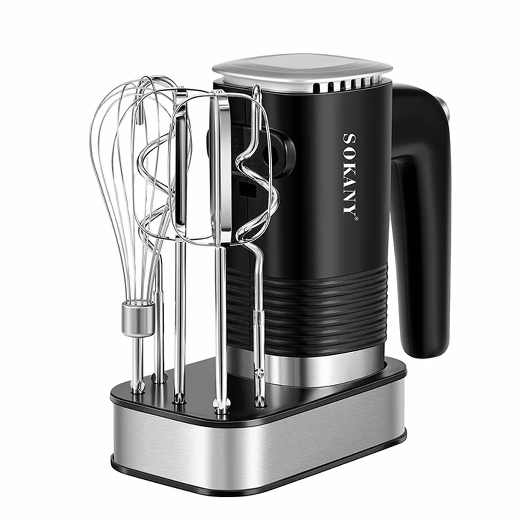 SOKANY 800 W mikser ręczny ze stali nierdzewnej, 5 prędkości z przyciskiem wyjścia, mieszadło ręczne z 2 hakami do zagniatania i 2 trzepaczkami (SK-02001 3 w 1 800 W)