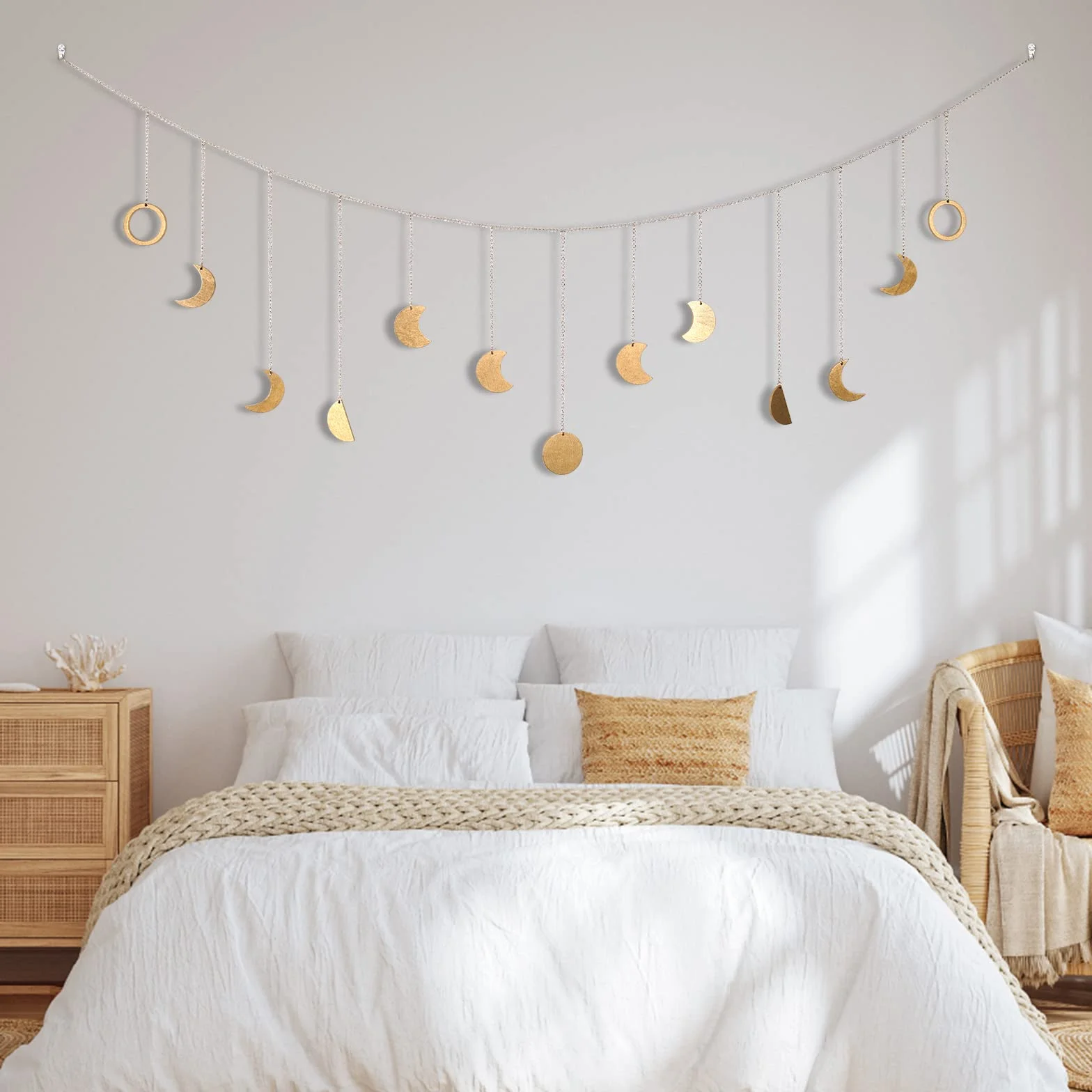 Girlanda z fazami księżyca, dekoracja ścienna w stylu boho, girlanda księżycowa, dekoracja ścienna, do salonu, sypialni, lampa księżycowa w stylu boho, złota girlanda 144 cm, 13 księżyców, z łańcuchem