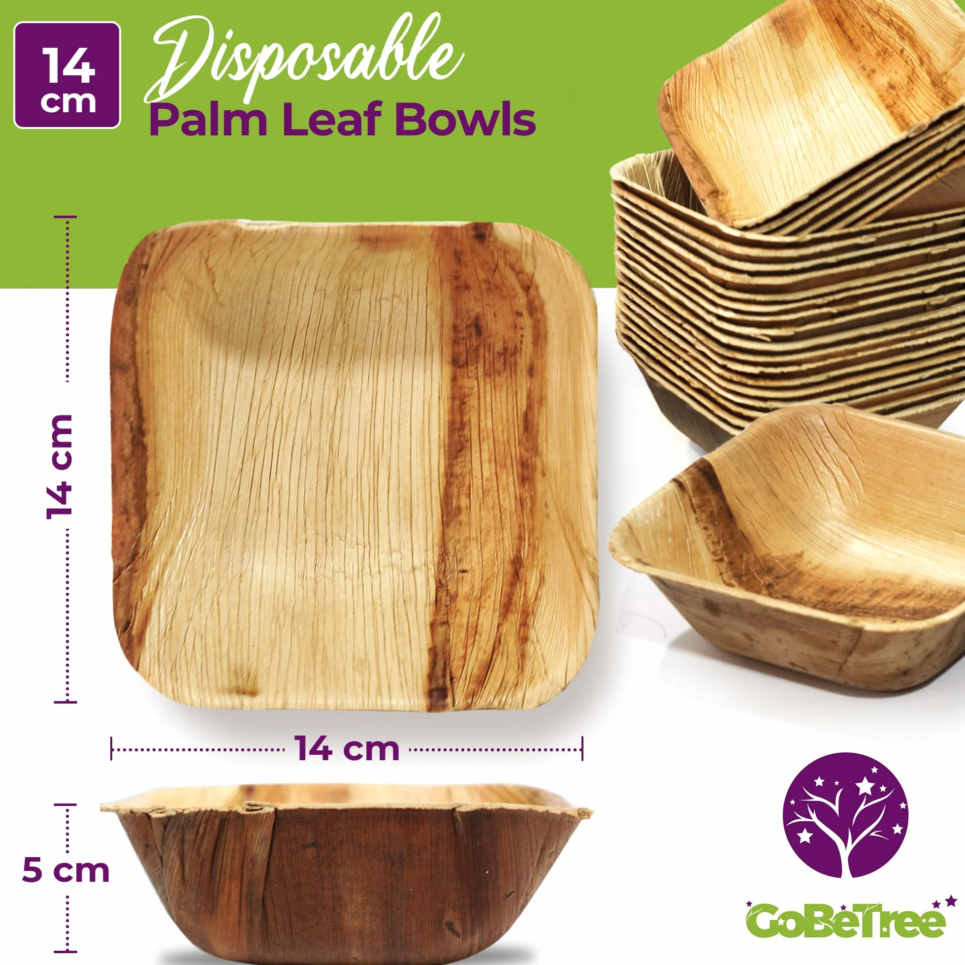 GoBeTree 25 sztuk 14x14 cm kwadratowych misek z liści palmy, ekologiczne, wytrzymałe i eleganckie na grille, pikniki, urodziny i imprezy. Przyjazna środowisku i naturalna alternatywa dla bambusa.