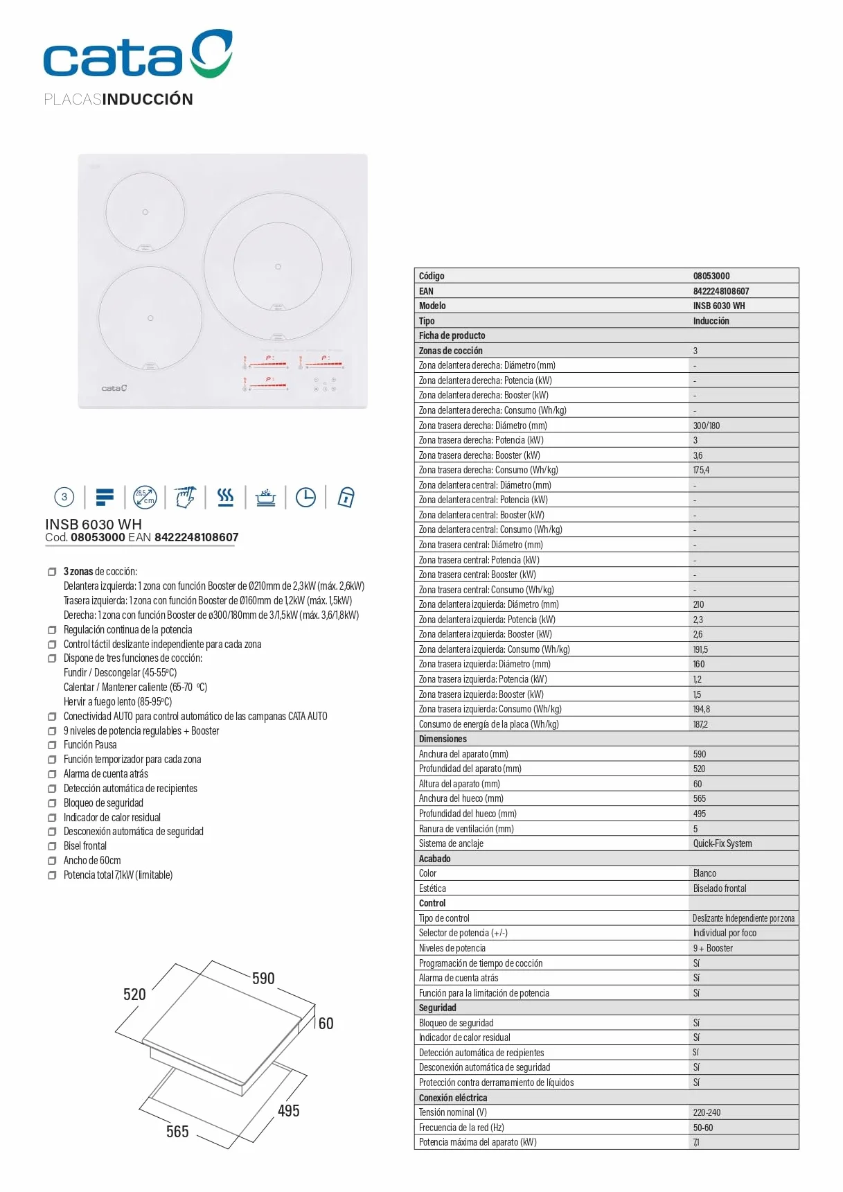 Degustacja | Płyta indukcyjna | Model INSB 6030 WH | 3 strefy gotowania | 9 poziomów mocy + Booster | Szerokość 60 cm
