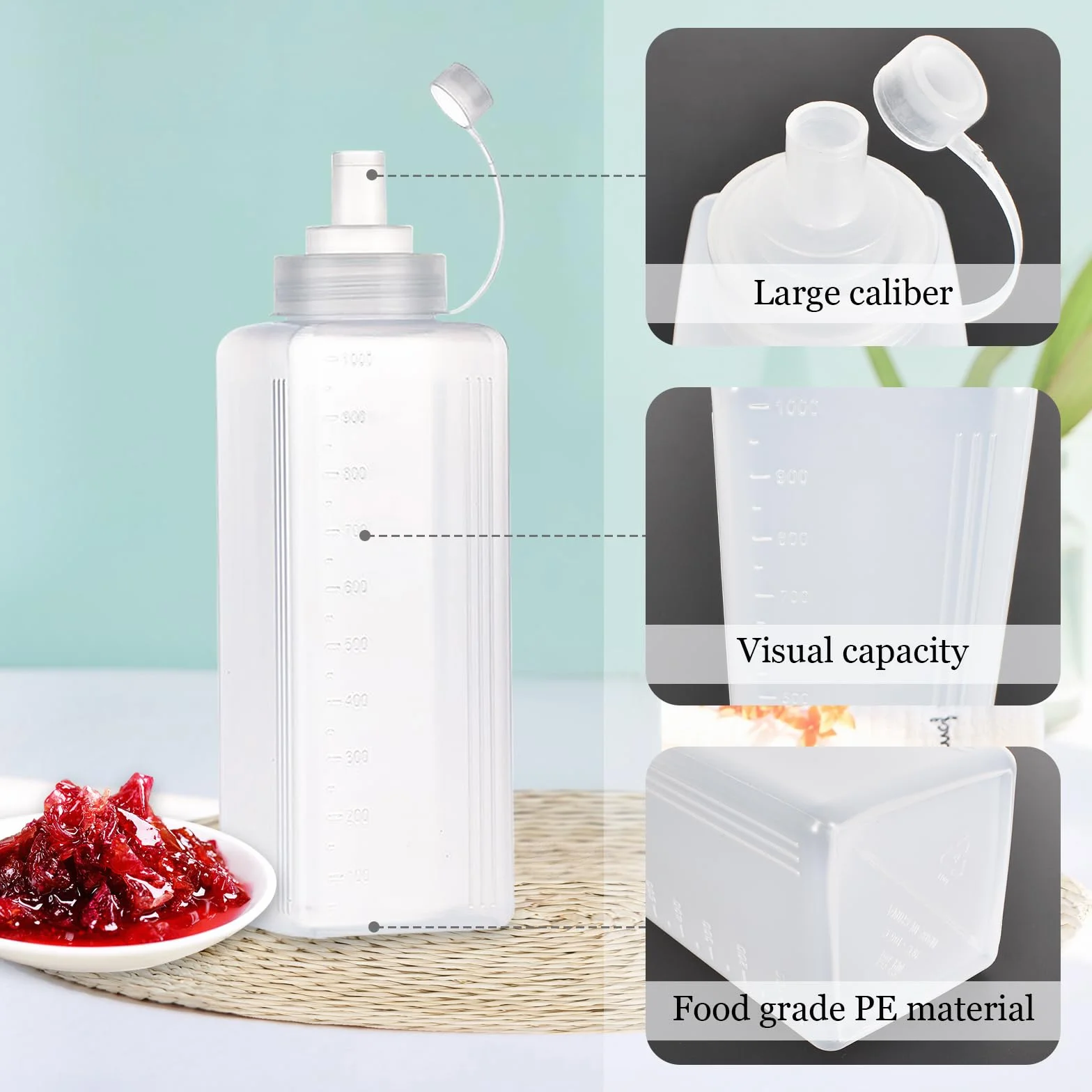 3 plastikowe butelki do wyciskania z szerokimi otworami, przezroczyste, bez wycieków, do malowania, pieczenia, keczupu, ostrego sosu, oliwy z oliwek, butelka na sos (# 1000 ml)