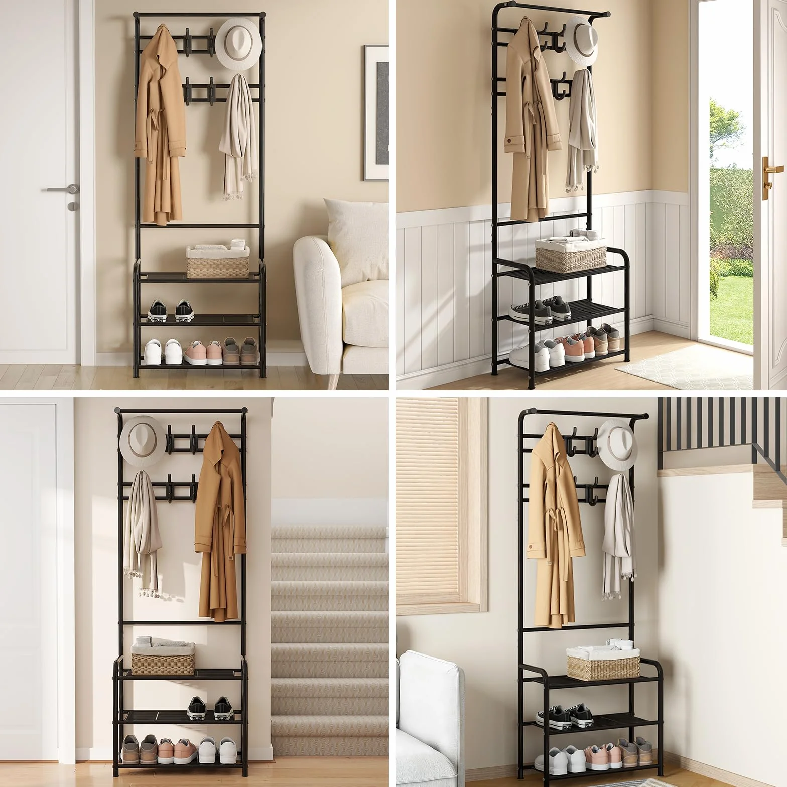 Innotic wieszak na ubrania, wieszak na buty, wieszak na płaszcze stojący z 16 wyjmowanymi haczykami, 3 półką z siatki, wysokość 182 cm, do wejścia, salonu, sypialni, czarny