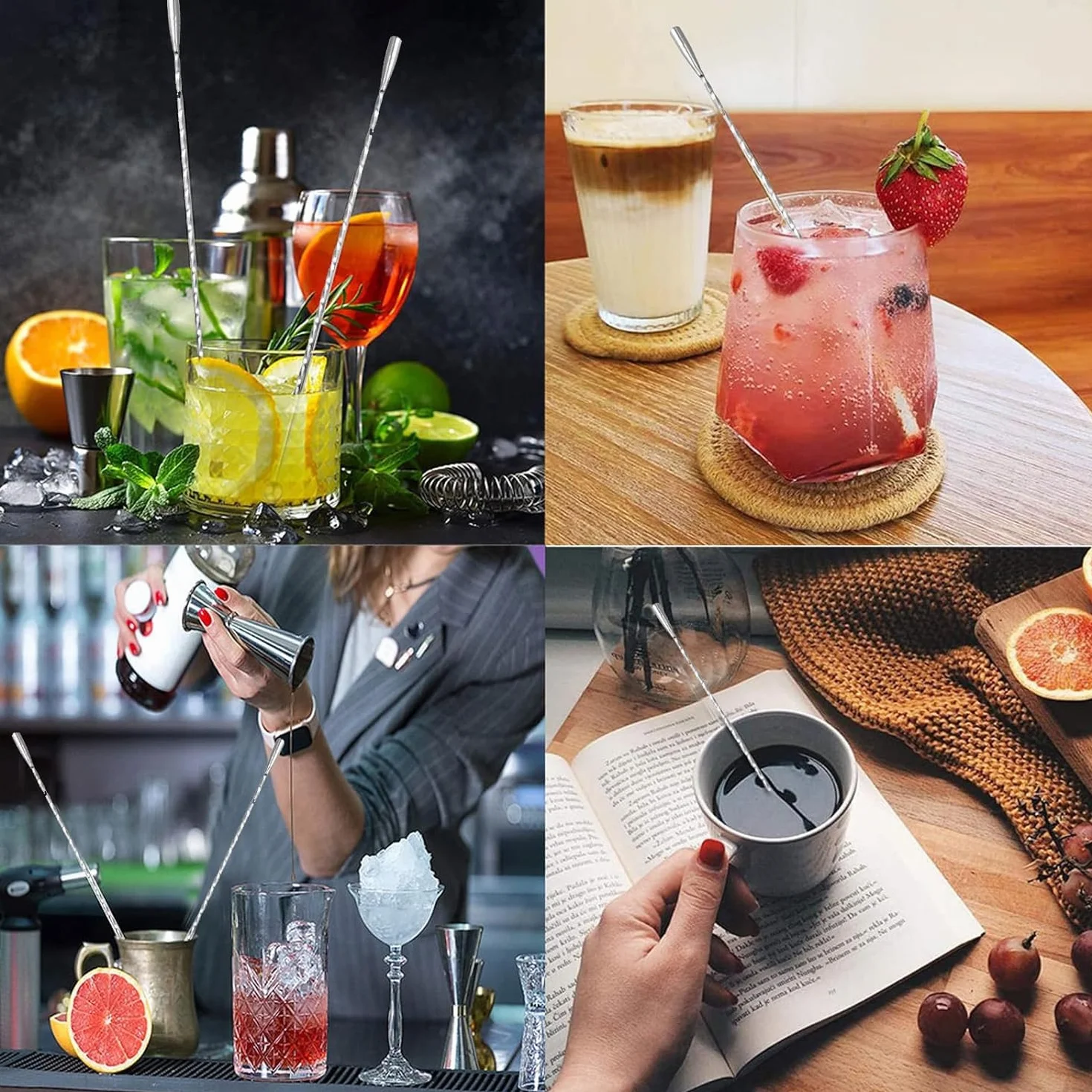 Łyżka barowa, łyżeczka do koktajli, długa, ze stali nierdzewnej, do mieszania koktajli, do kawy, baru, martini, shakera (4 sztuki, srebrna)