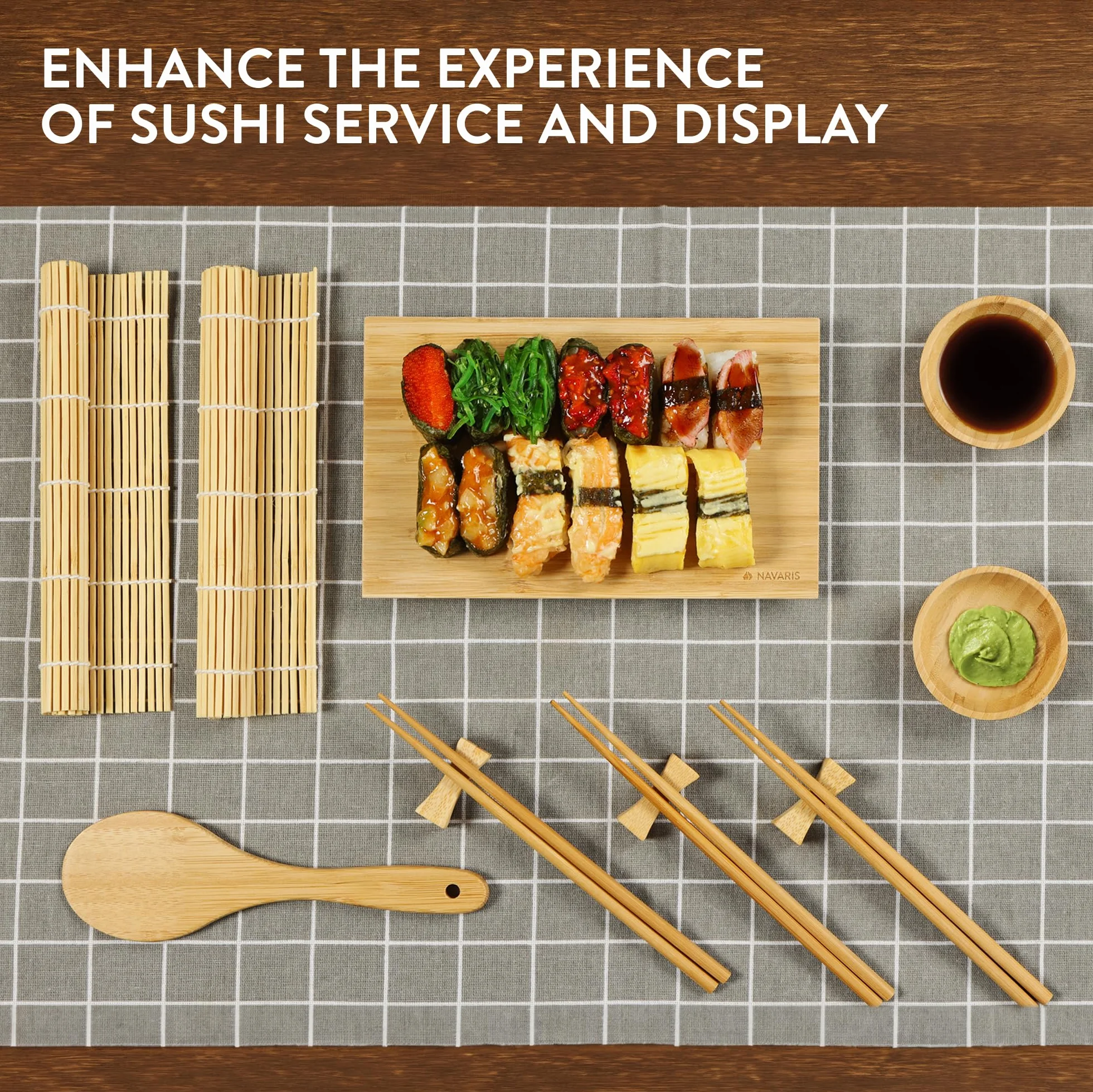 Navaris Sushi Maker kompletny zestaw – 16-częściowy zestaw akcesoriów bambusowych z 2 matami do sushi, 1 x łyżką do ryżu, 1 tacą, 5 pałeczkami i półką na pałeczki, 2 x miska do dipów