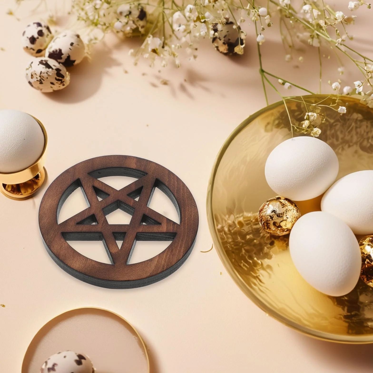 Drewniany Pentagram Dekoracyjny Płytka Ścienna Ołtarz Pogański Wicca Figurka Biurko Półkę Ozdoba Metafizyczna Jasnobrązowa