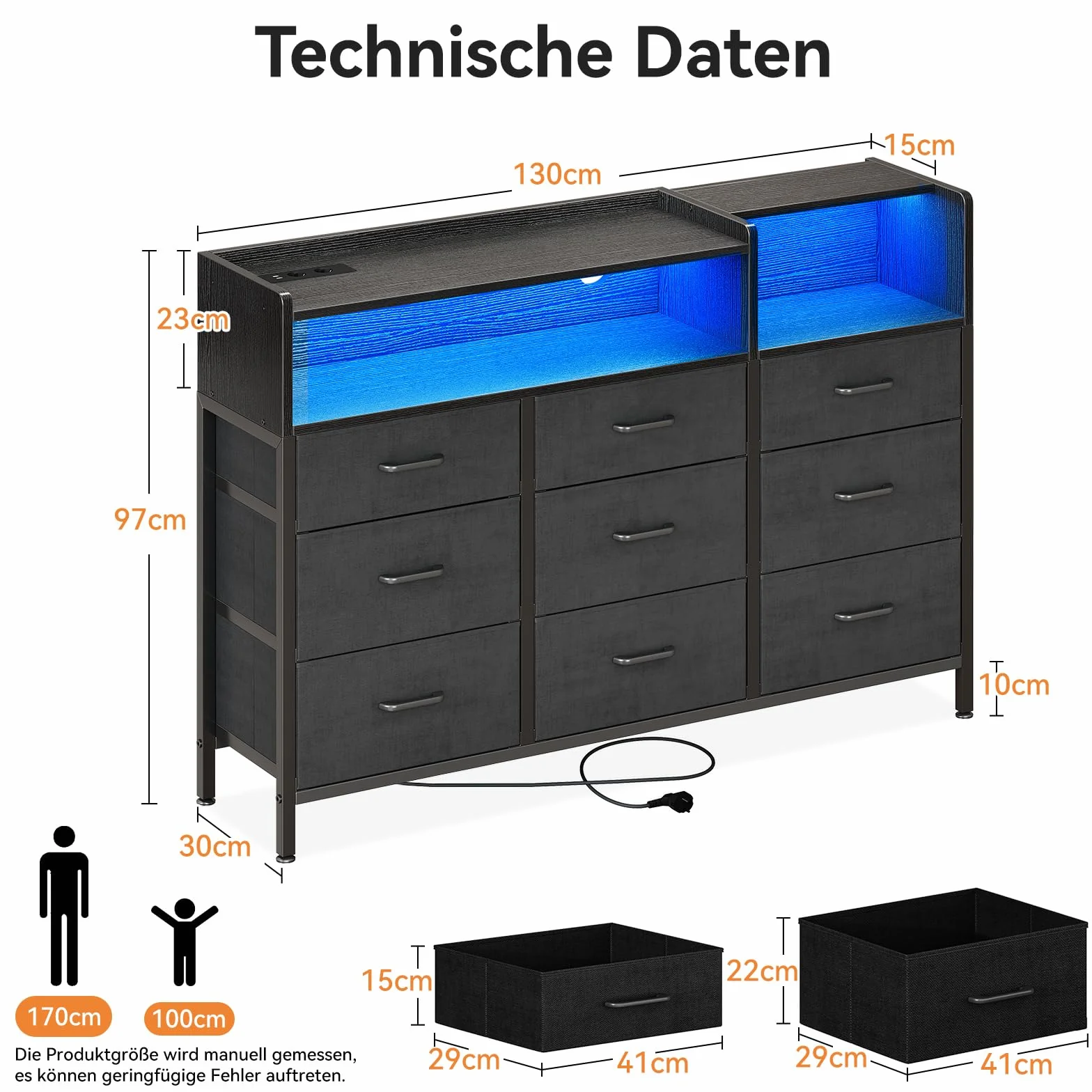 Komoda z szufladami z gniazdami USB i LED 130x30x97 cm czarna
