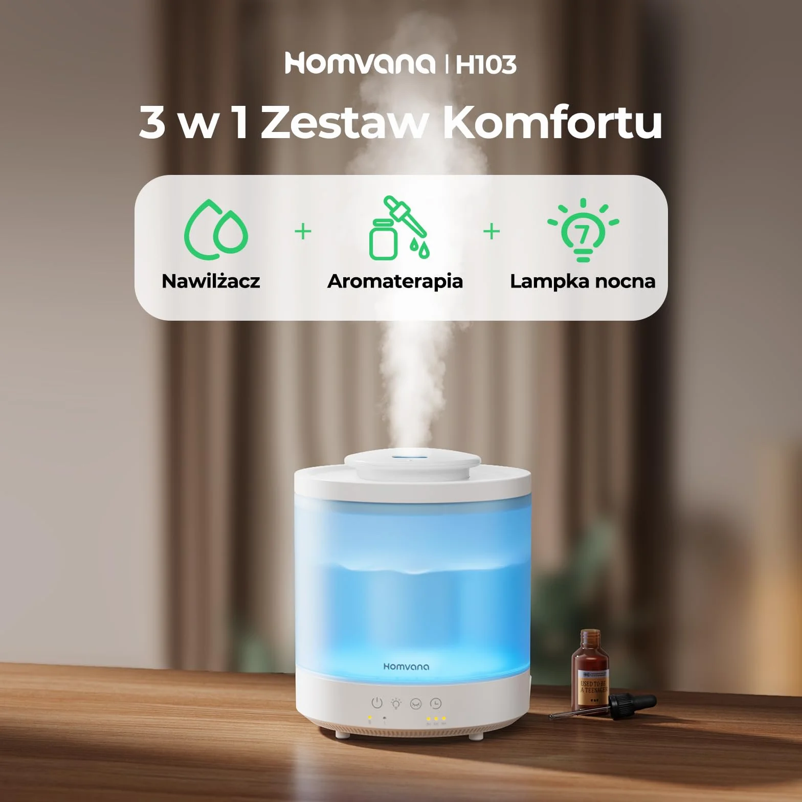 Homvana Humidificateur d'air Diffuseur 1.5L, humidificateur d'air chambre, Humidifier d'air bébé Chambre, Cool Mist, Plante, BPA Free, 7 Color Light, Office, Brumisateur Huiles