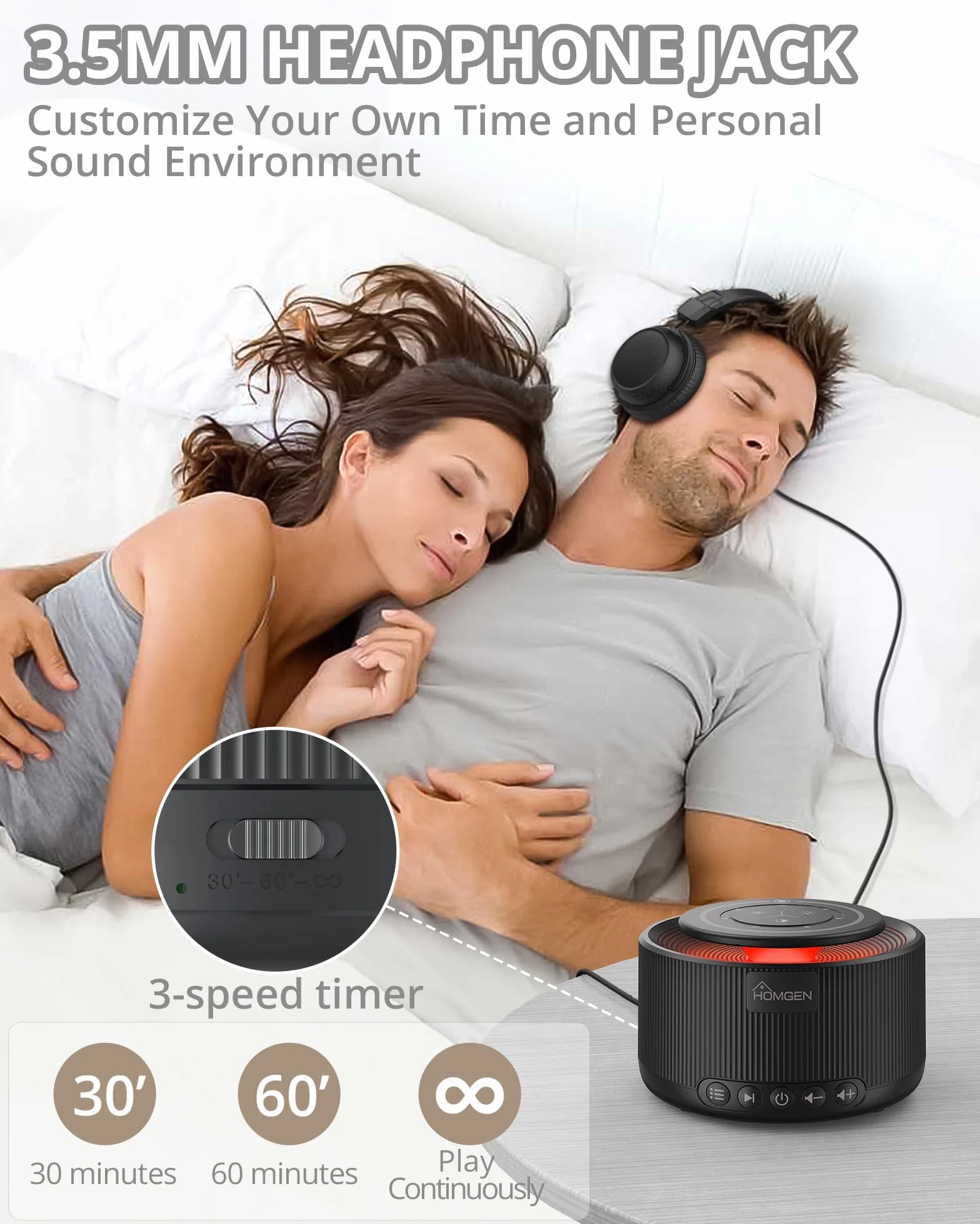 HOMGEN Biała maszyna do szumów dla dorosłych i niemowląt Maszyna dźwiękowa z lampką nocną i 30 relaksującymi dźwiękami White Noise Machine Baby Przenośny z funkcją pamięci i ładowania przez