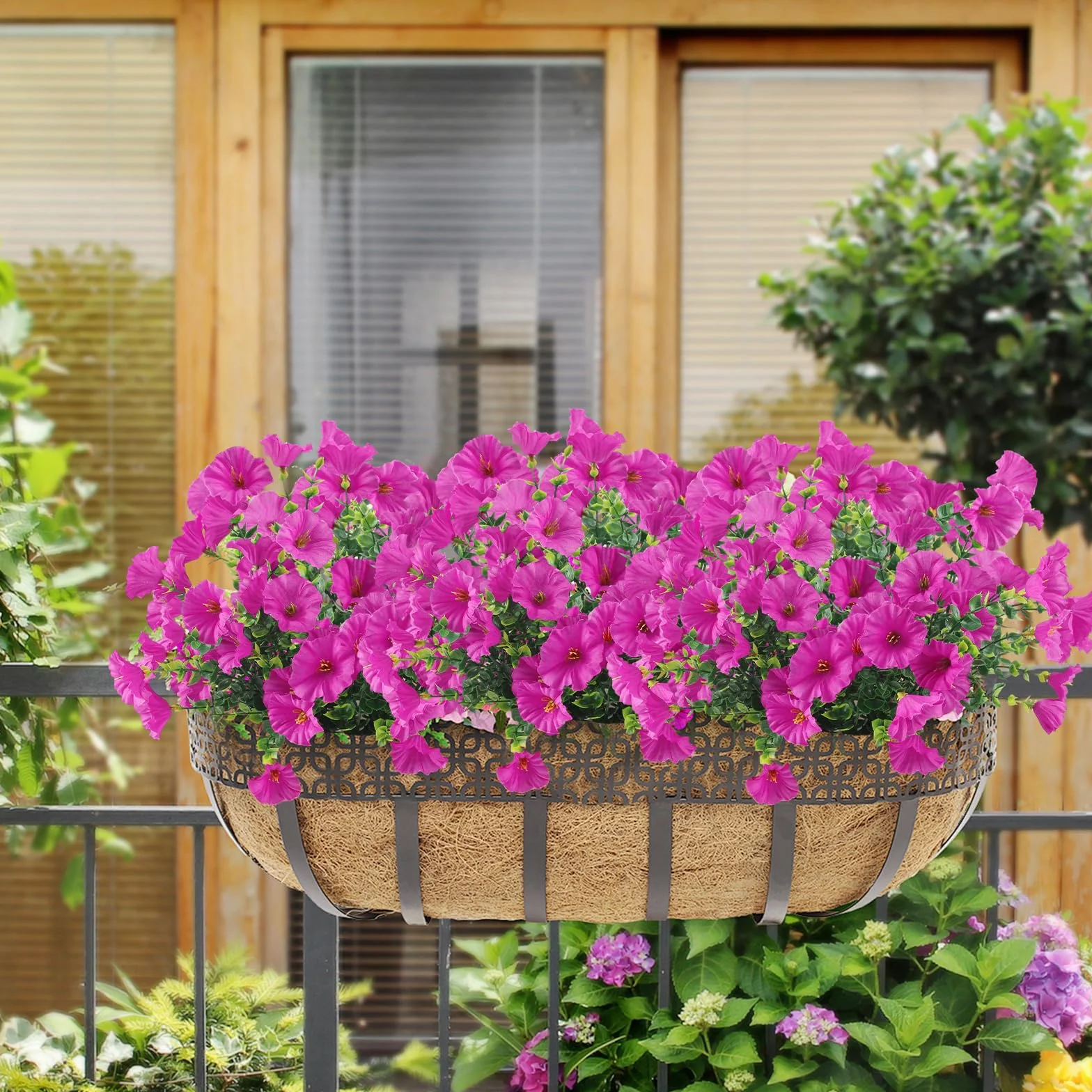 YUE QIN Sztuczne kwiaty do użytku na zewnątrz, 6 wiązek sztucznych roślin balkonowych, pelargonie, sztuczne kwiaty, jak prawdziwa petunia, realistyczne plastikowe kwiaty do użytku na zewnątrz, do