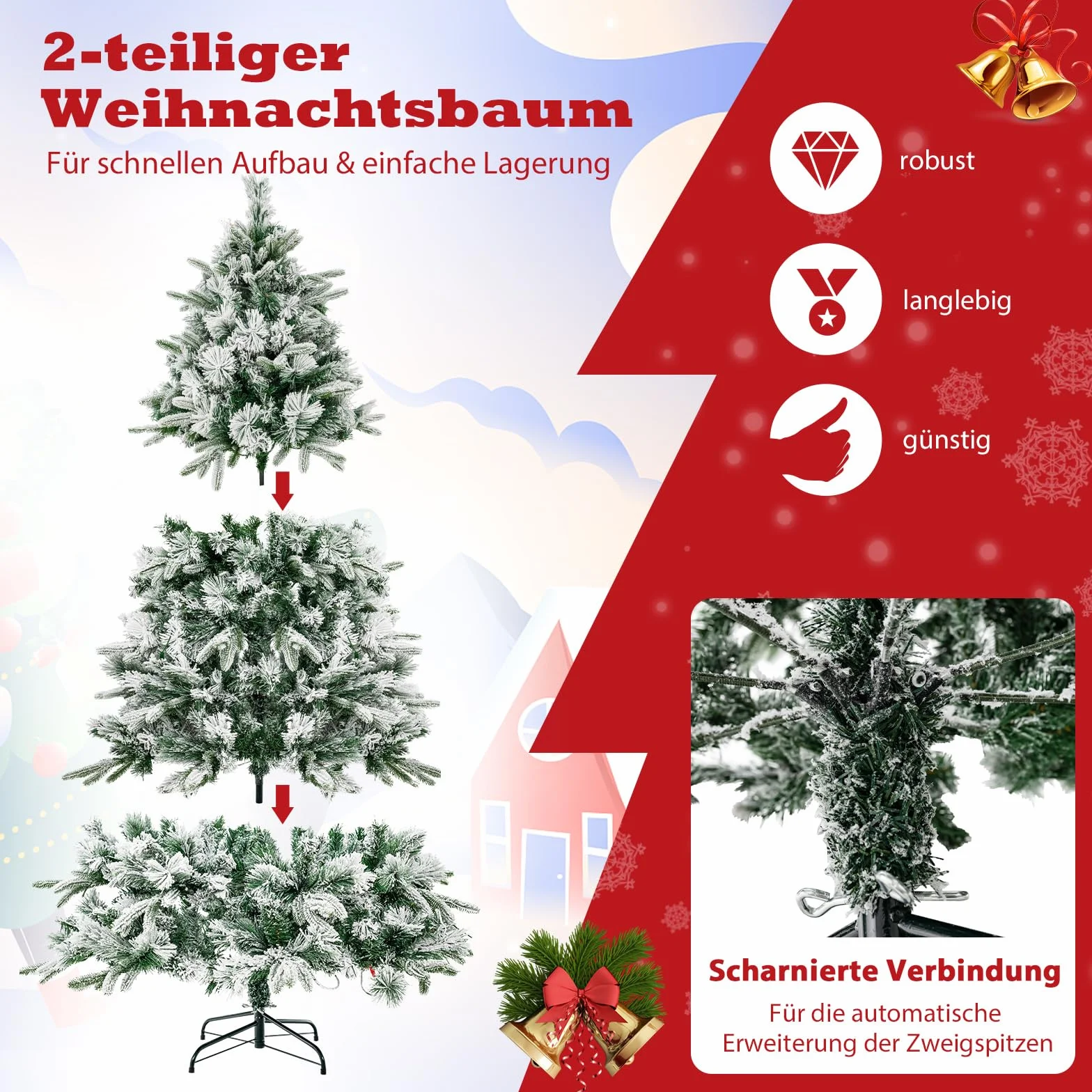 COSTWAY 180 cm sztuczna choinka z śniegiem i oświetleniem, choinka z 250 ciepłymi białymi diodami LED, 752 mieszanymi końcówkami gałęzi, choinka na Boże Narodzenie do domu, zielona