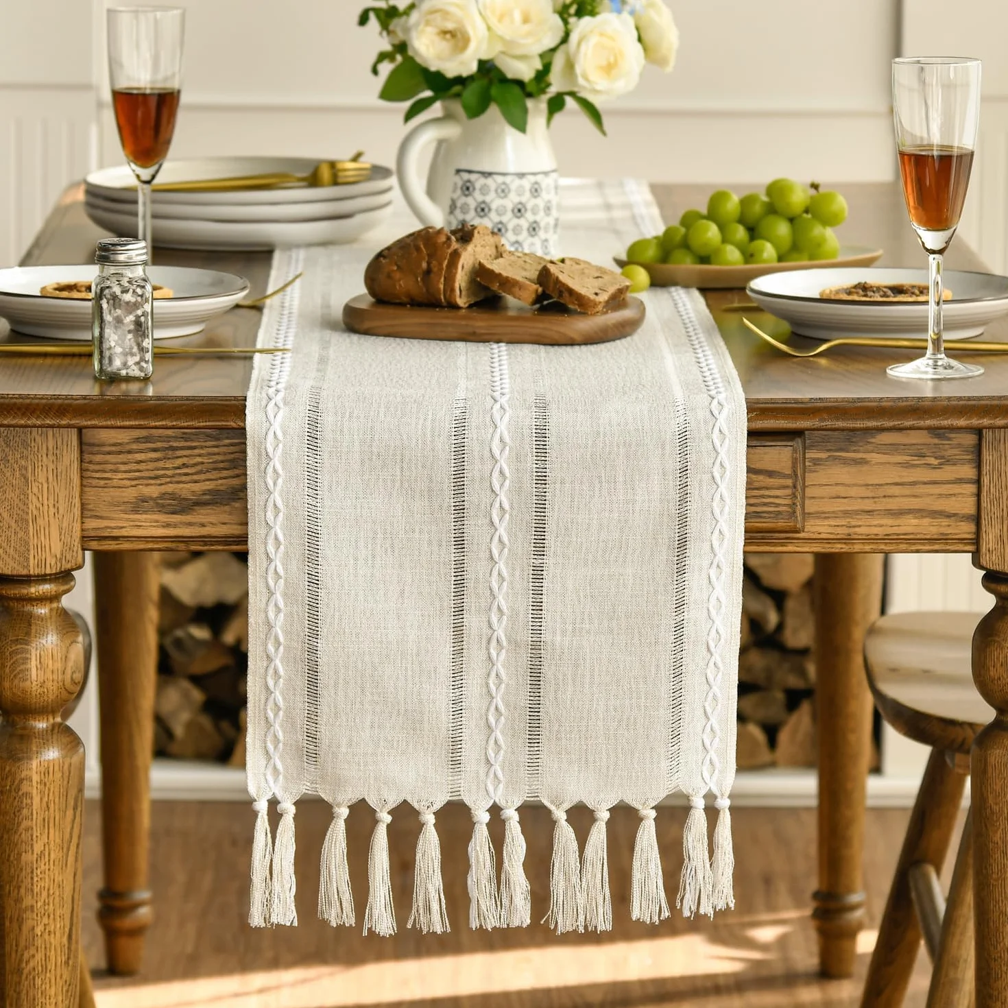 Artoid Mode Boho kremowy bieżnik w stylu dworkowym, z frędzlami, nadaje się do prania, dekoracja stołu, na imprezę, urodziny, Walentynki, wesele, 33 x 183 cm