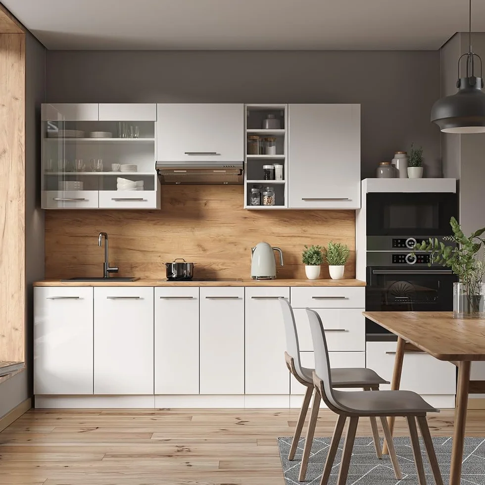Vicco Aneks kuchenny "Fame-Line", Biały wysoki połysk/biały, 280 cm | bez blatu roboczego, pour une extension personnalisée avec des modules complémentaires adaptés