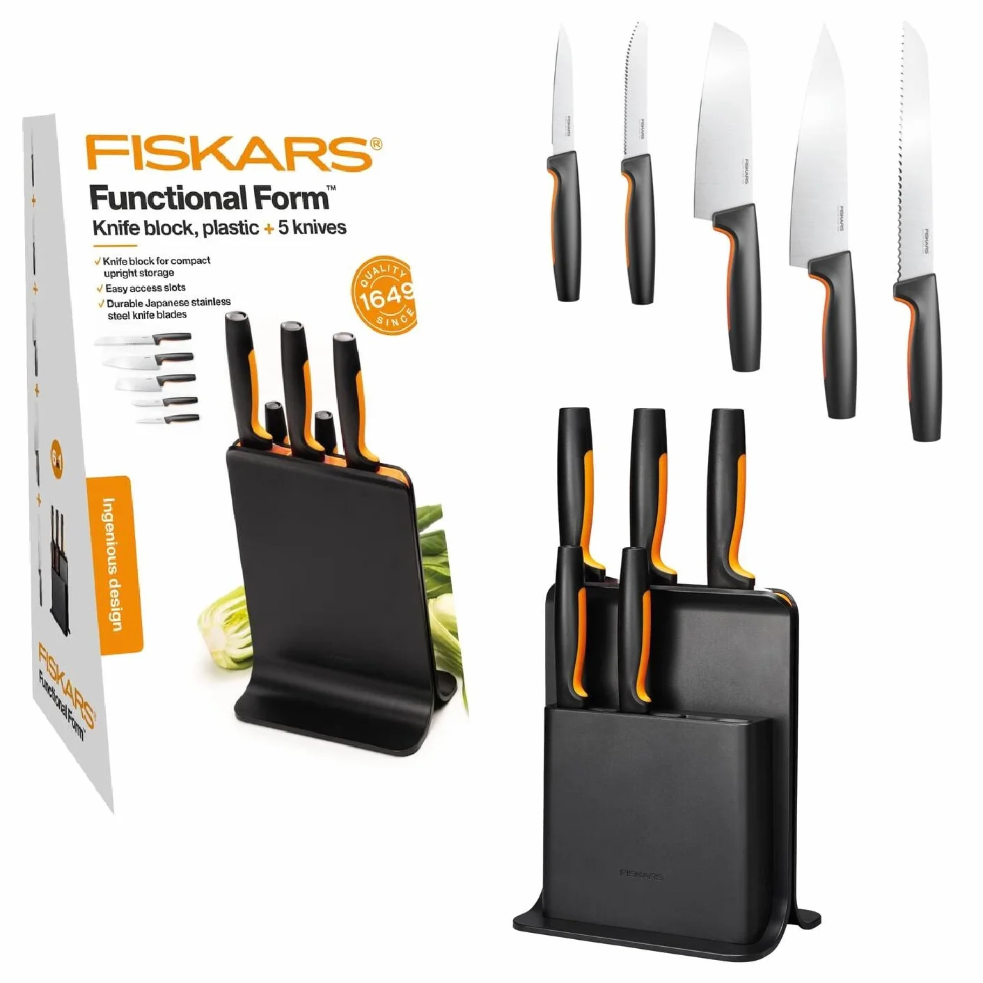 Fiskars Blok 5 noży,Functional Form,nóż do warzyw i Santoku, nóż do chleba,Czarny,1057554