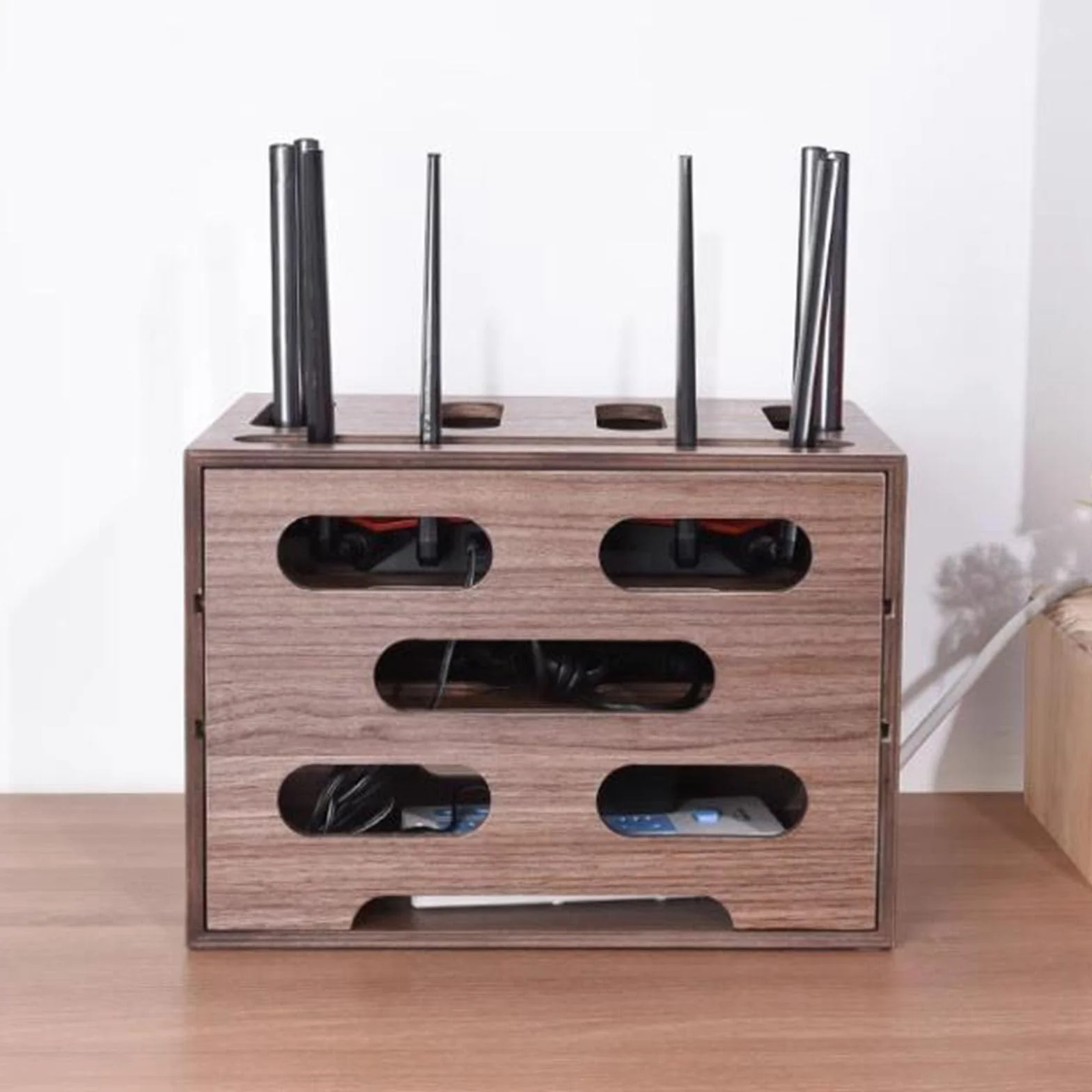 Drewniana półka na routera, półka na router bezprzewodowy, pudełko do przechowywania kabli routera, wielowarstwowy stojak do przechowywania, półki organizery biurkowe, listwa zasilająca i