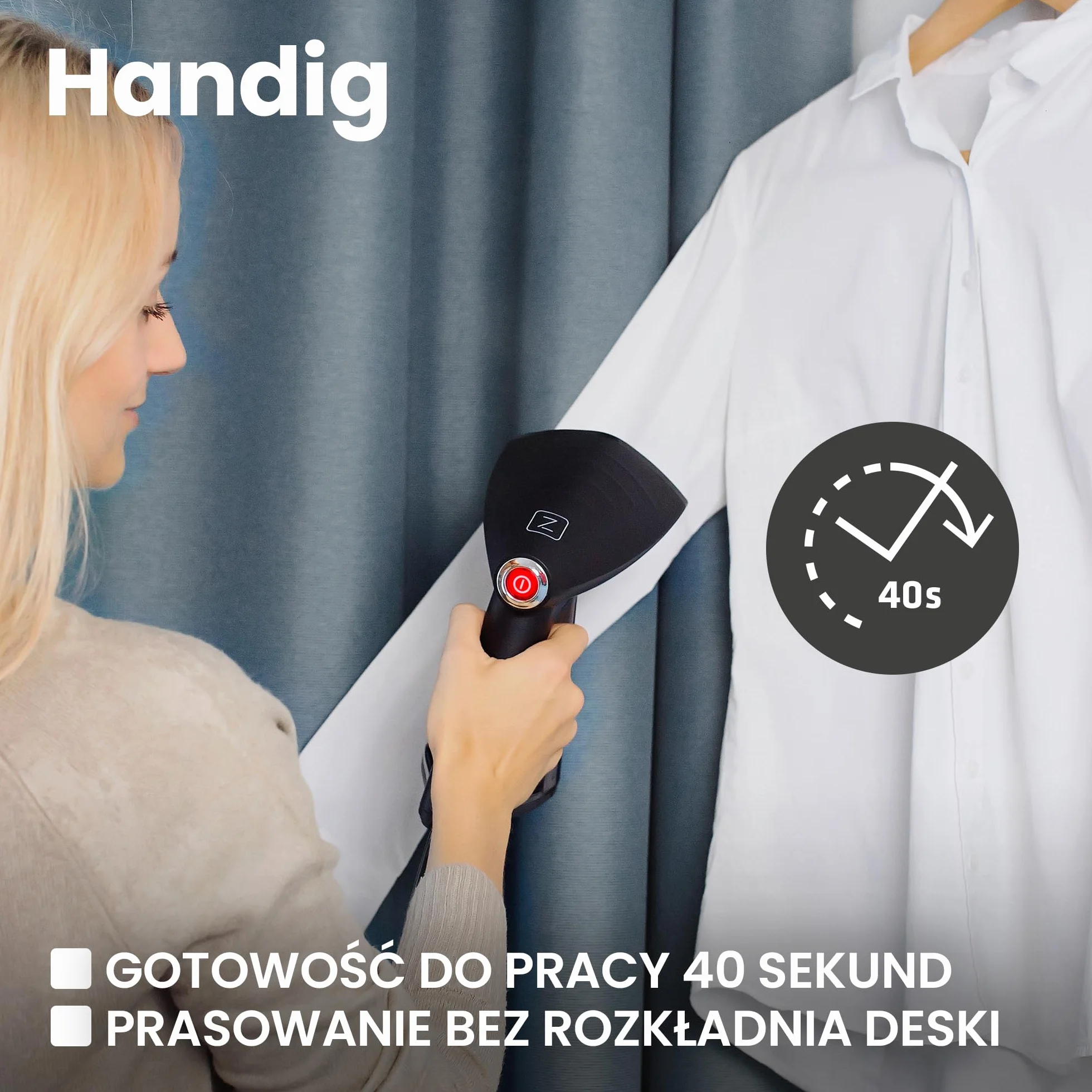 ZEEGMA Handig Parownica (steamer) do ubrań, 1500 W, 40 sekund przygotowania, 30 g/min, przewód - 2,5 metra, możliwość pionowego i poziomego prasowania, praktyczna torba w zestawie