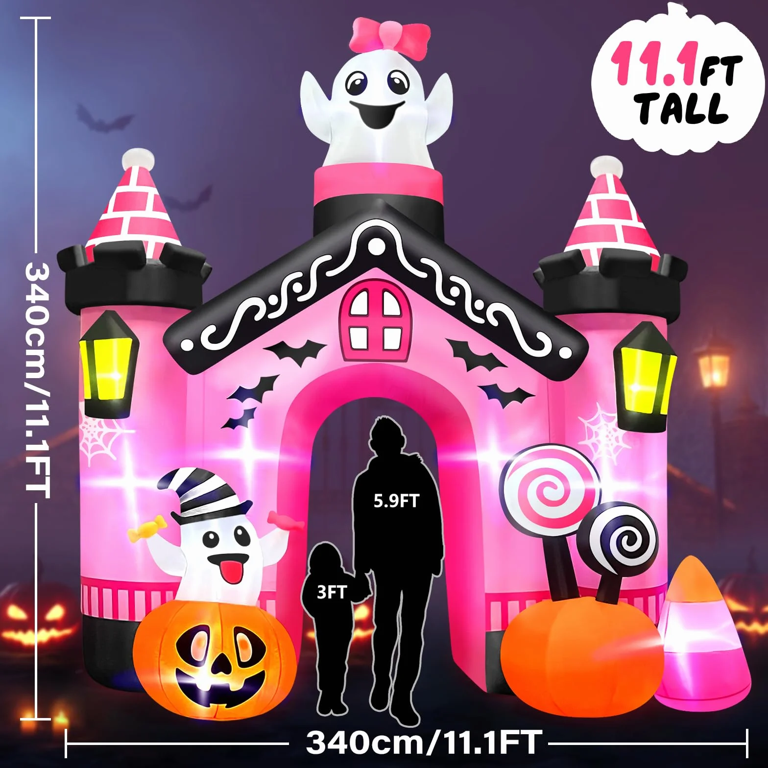 Kalolary 11FT Nadmuchiwany łuk w kształcie zamku wysokości Halloween dekoracja zewnętrzna, gigantyczny różowy łuk z uroczą dynią i duchem na imprezę halloweenową, na zewnątrz, do ogrodu, na trawnik