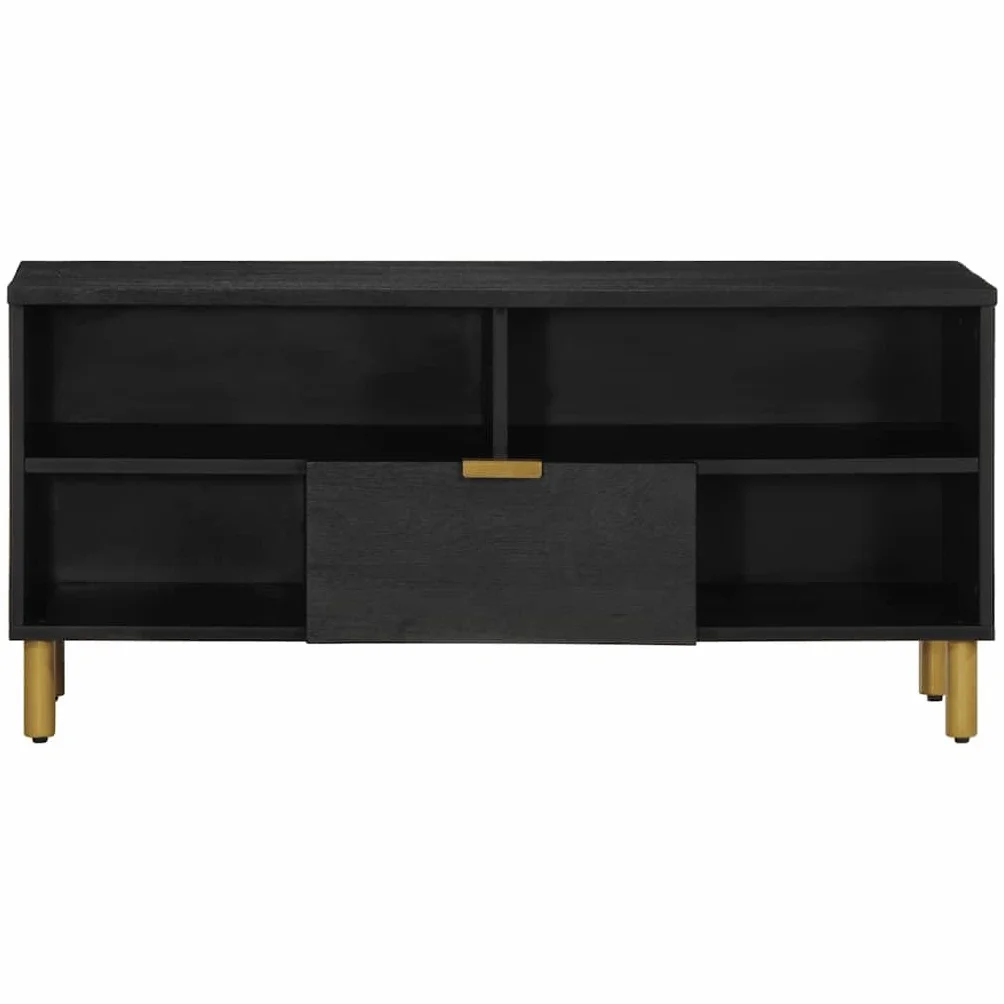 Szafka TV czarna, 100 x 33 x 46 cm, materiał drewnopochodny, z metalowymi uchwytami, dużo miejsca do przechowywania urządzeń TV, salonu i sypialni, konsola medialna