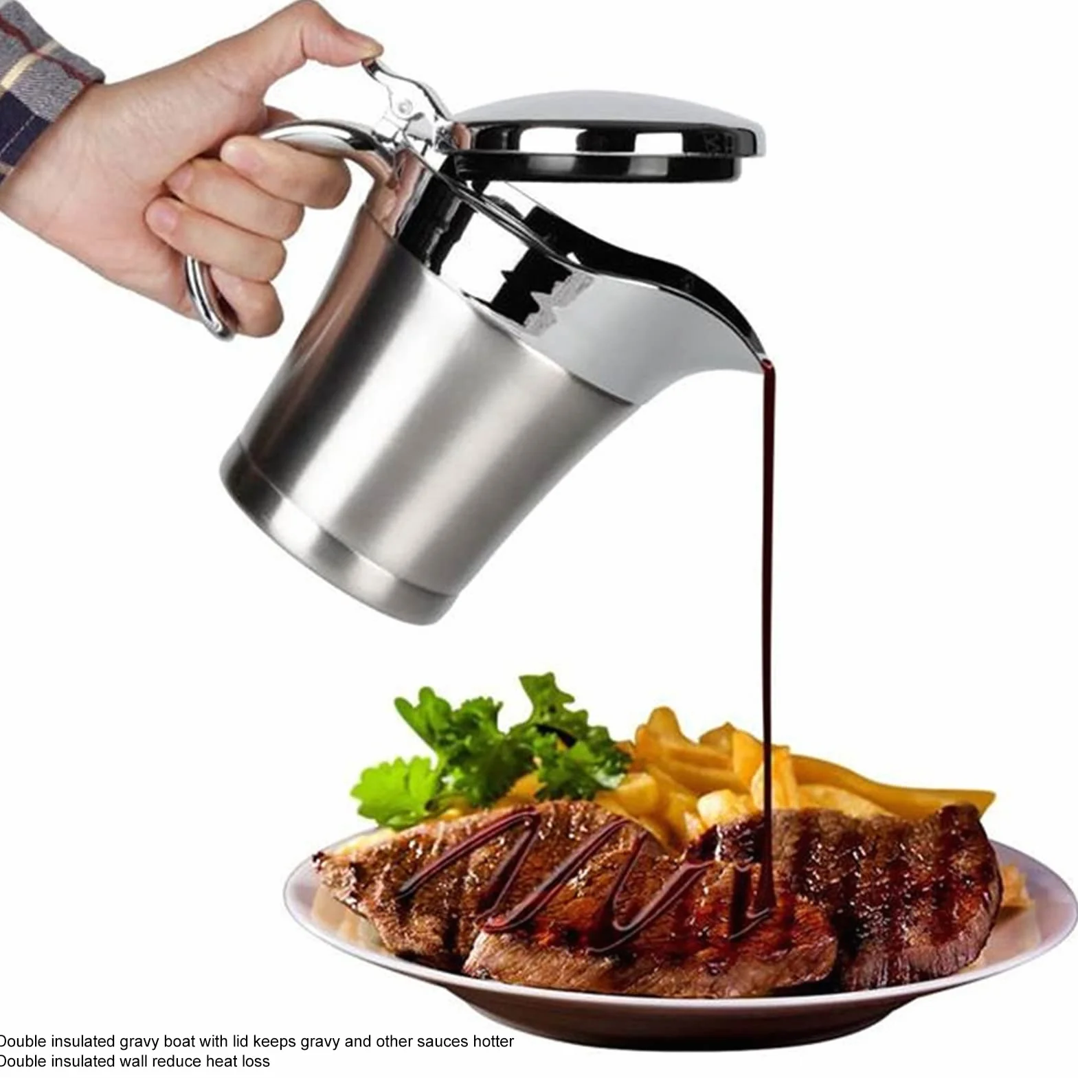 Sosjerka Ze Stali Nierdzewnej, 750ML Podwójnie Izolowana Sosjerka Ze Stali Nierdzewnej O Pojemności 750 Ml Z Pokrywką Na Zawiasach Do Domu I Kuchni