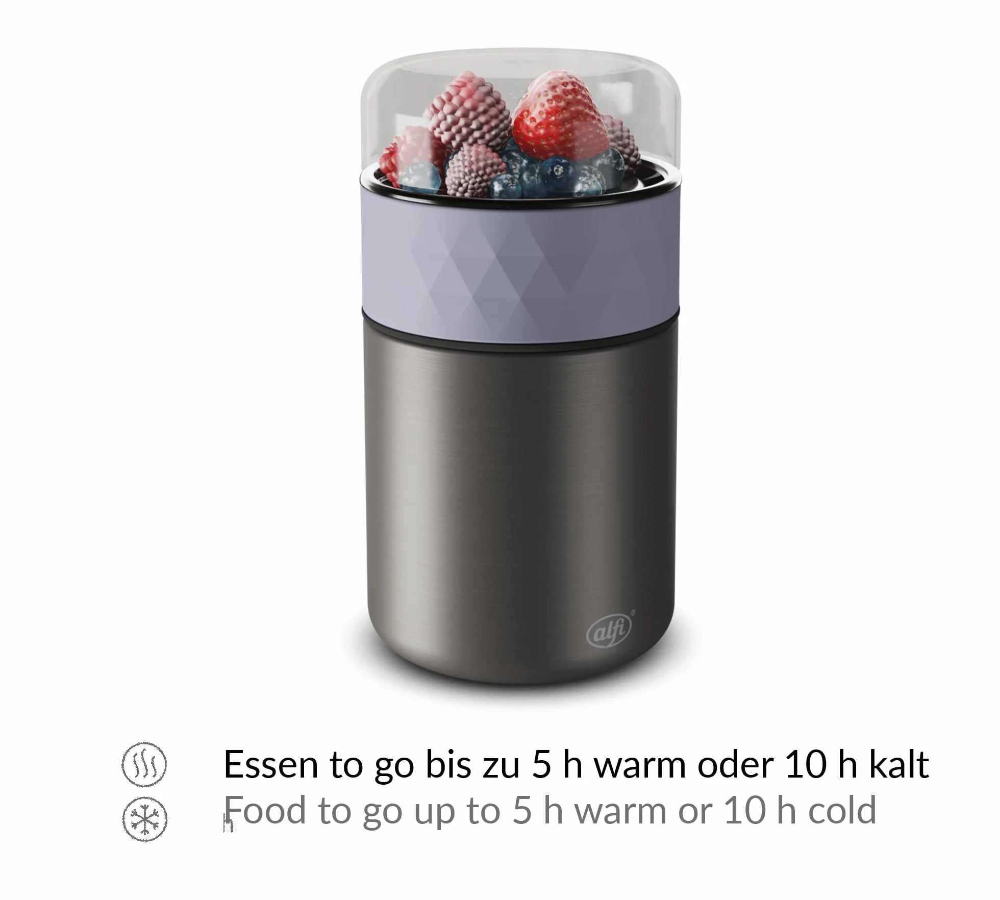 alfi Endless kubek na żywność, 500 ml, lawendowy, ze stali nierdzewnej, z pojemnikiem na przekąski, 3-częściowy, izolowany pojemnik zabezpieczony przed wyciekiem, utrzymuje ciepło przez 5 godzin,