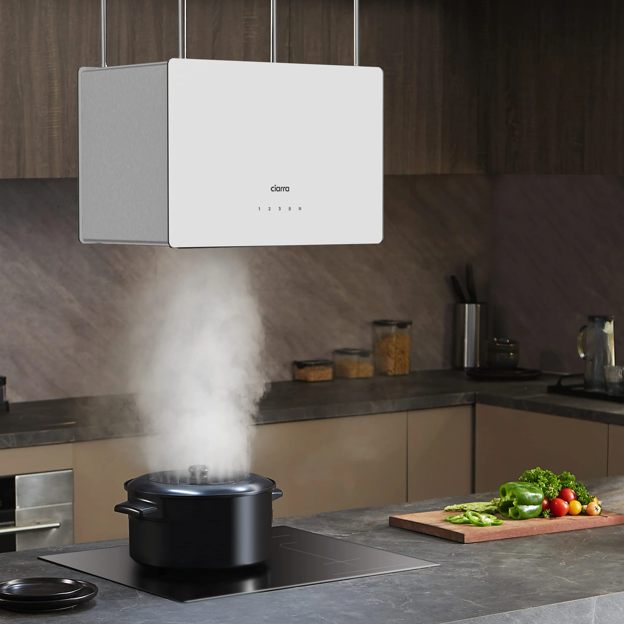 CIARRA CBCS4850 wyspowy okap kominowy klasa A++ 48cm 700m³/h WiFi & Touch Control Filtr węglowy w zestawie 4 prędkości 2 światła LED Biały