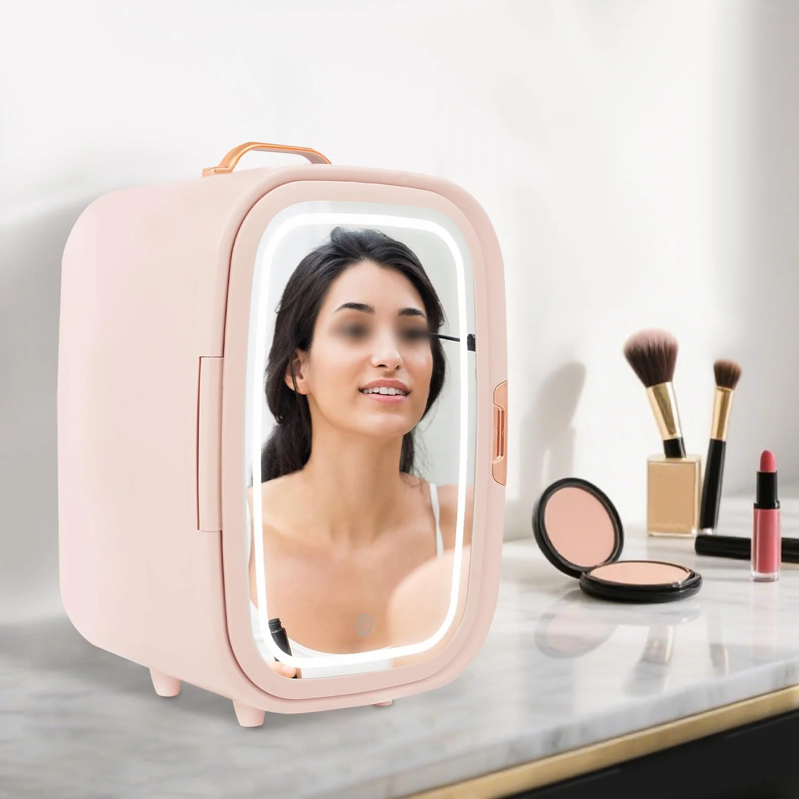 Mini lodówka kosmetyczna, mini lodówka z 3-stopniowym lustrem LED, mała lodówka Skincare z funkcją chłodzenia i ogrzewania, do sypialni, biura i samochodu (różowa)