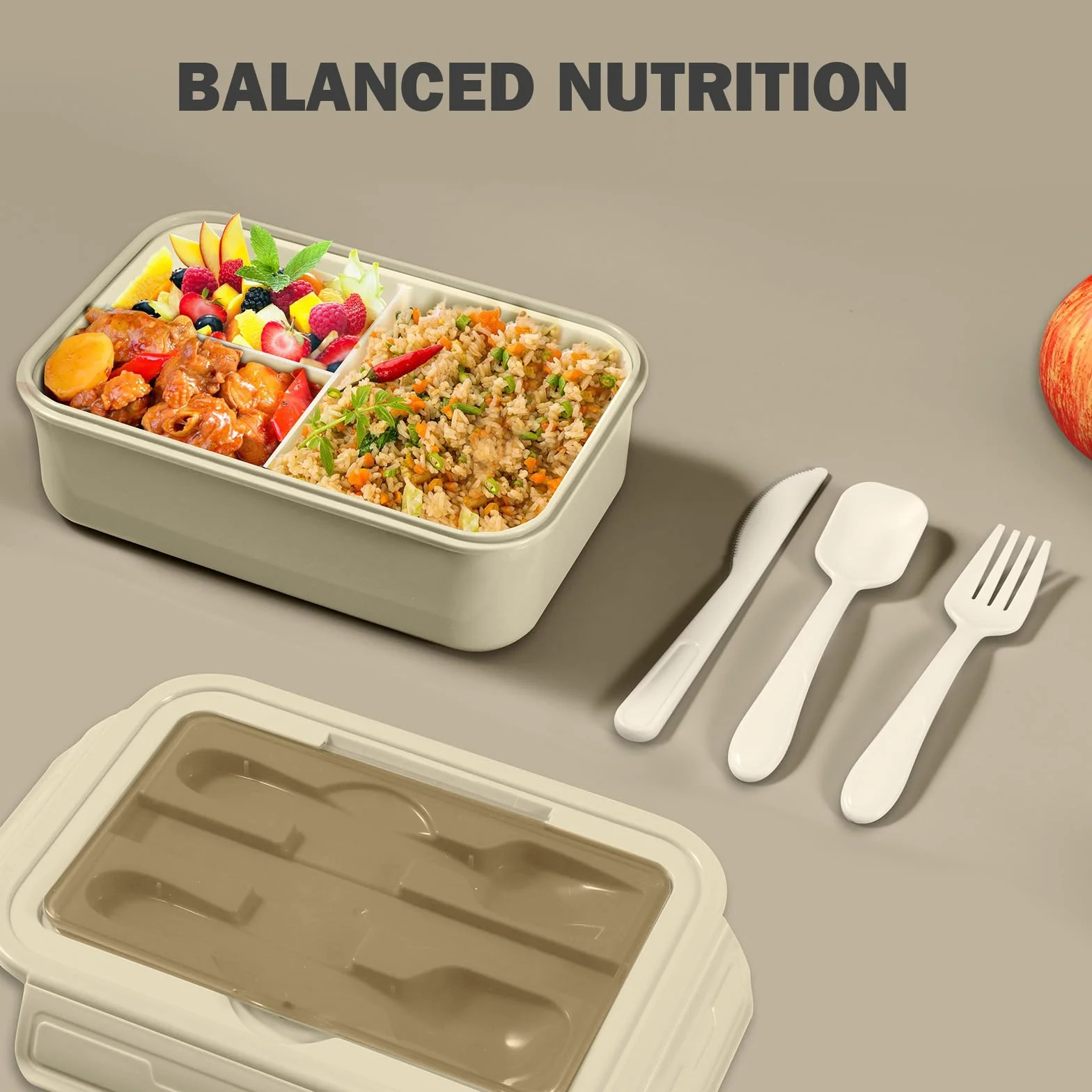 Diboniur Pudełko śniadaniowe, pudełko na lunch Bento dla dorosłych dzieci 1400 ml z 3 przegródkami, antyprzeciekające pudełko na lunch ze sztućcami, odpowiednie do kuchenki mikrofalowej, zmywarki,