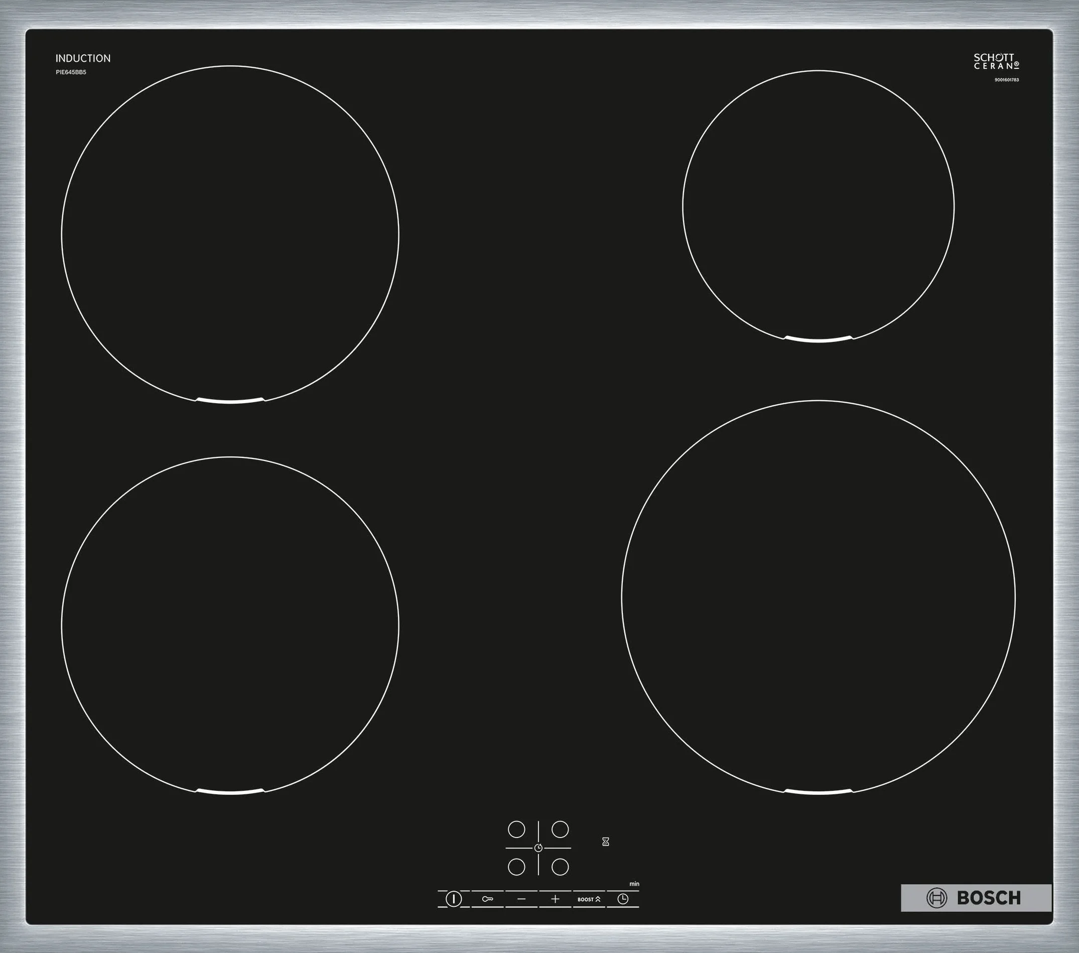 BOSCH PIE645BB5E płyta indukcyjna serii 4, samowystarczalna płyta szklano-ceramiczna, szerokość 60 cm, TouchSelect, PowerBoost, ReStart, ramka otaczająca, timer z funkcją wyłączania, czarna