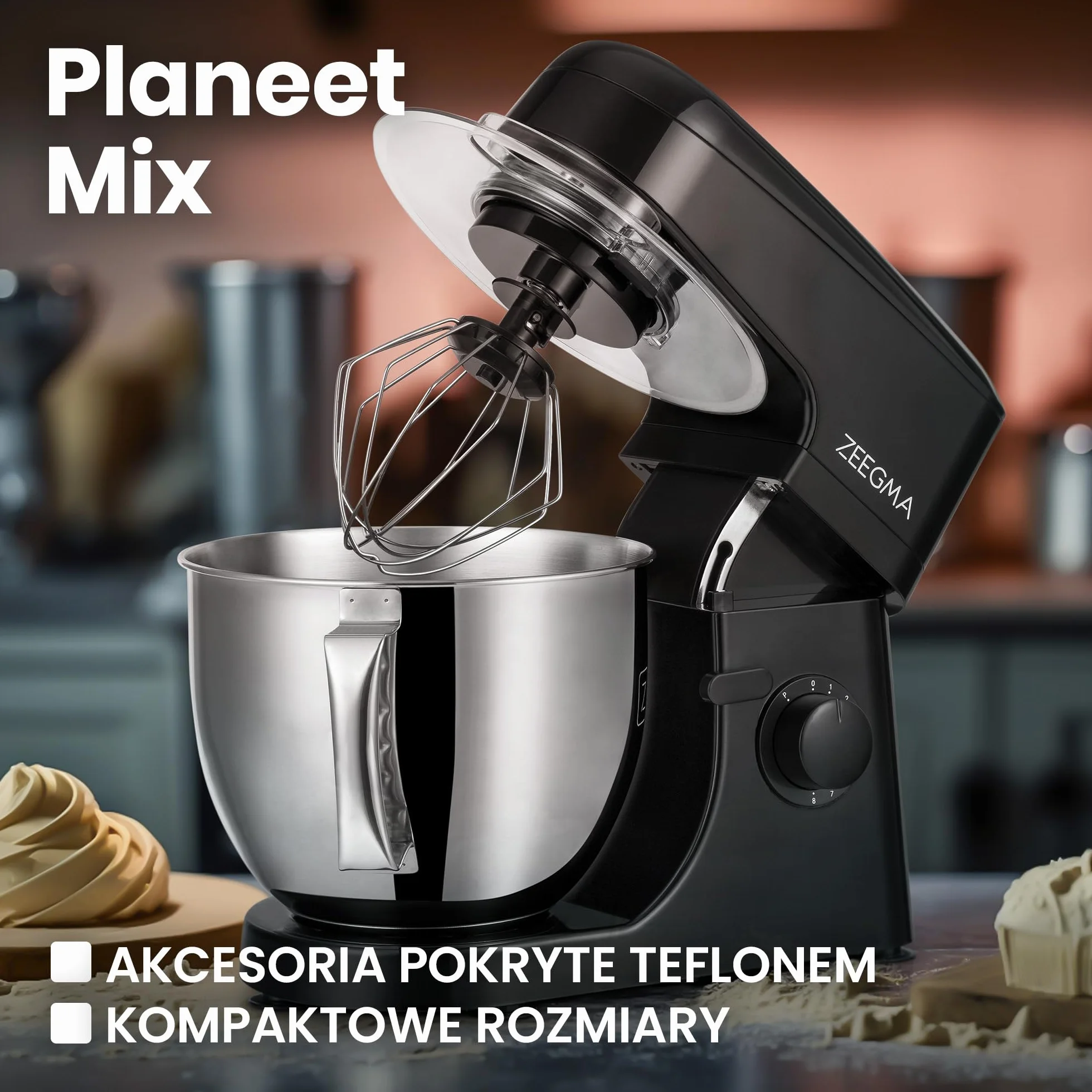 ZEEGMA PLANEET MIX Robot Planetarny 1800 W, Wielofunkcyjny Robot Kuchenny z Misą 5L z Uchwytem i Pokrywką, 8 Prędkości Pracy, 3 Narzędzia Miksujące Panel Dotykowy (Czarny)