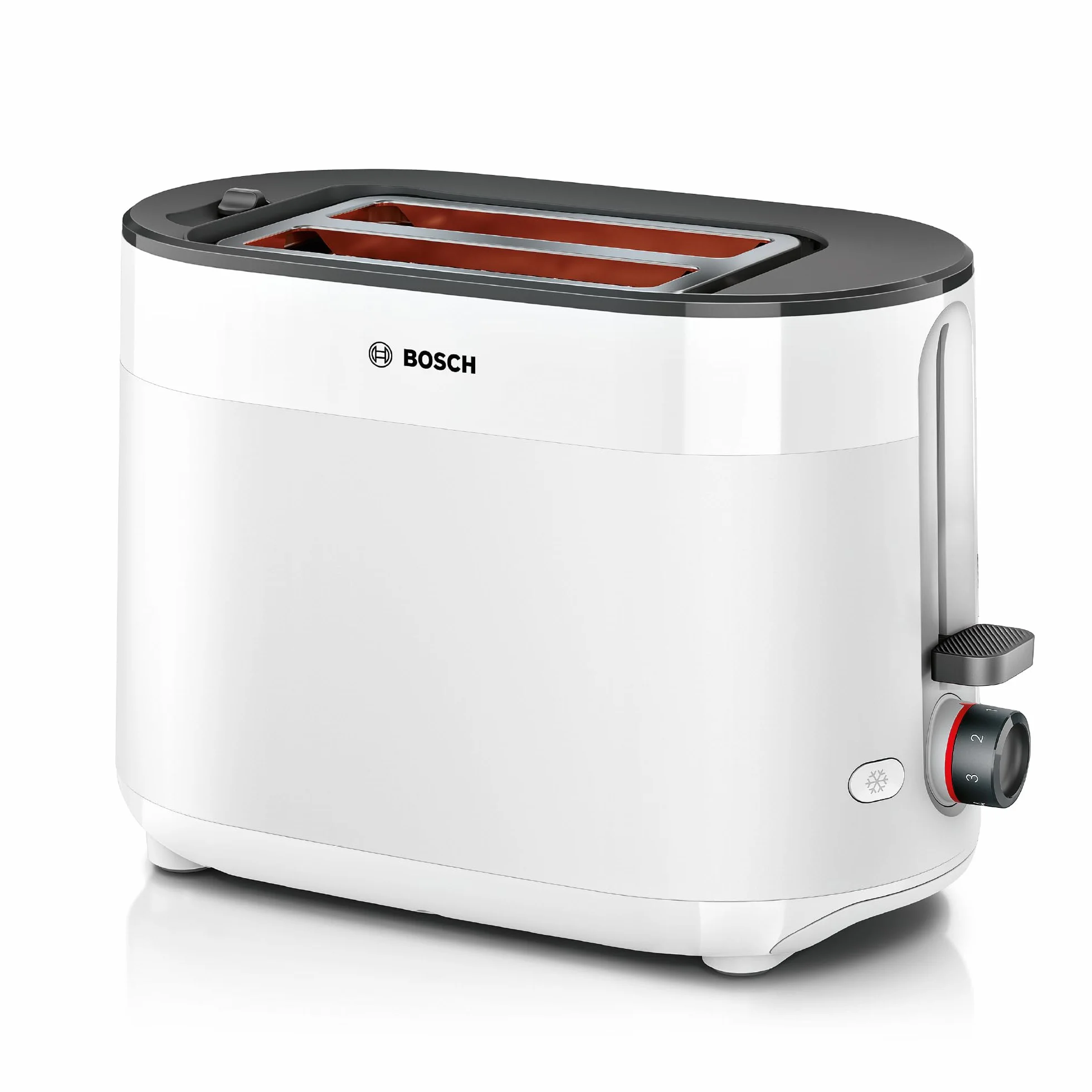 Bosch, toster, MyMoment, pojemnik na 2 kromki, podgrzewanie, rozmrażanie, ruszt na bułki, funkcja wysokiego podnoszenia, automatyczne wyłączanie, biały, TAT2M121