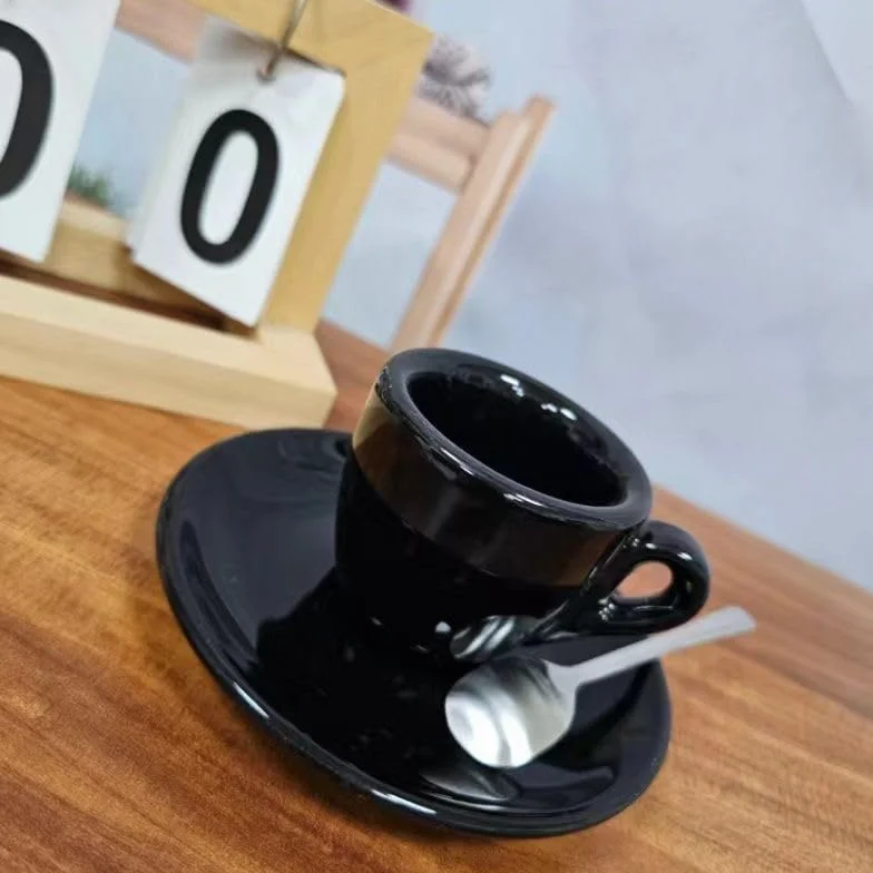 Duże ceramiczne kubki do kawy, Zestaw porcelanowy kubek do kawy i spodek 9 mm 50 ml czarno-biały(Schwarz)