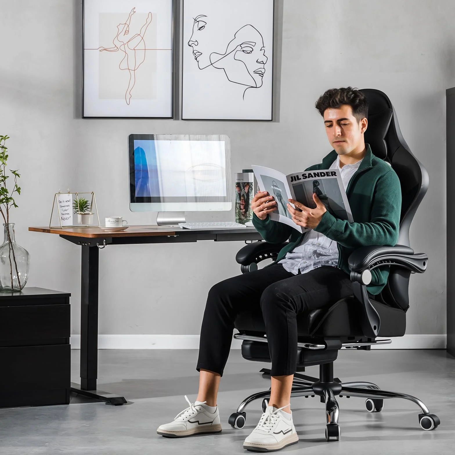 GTPLAYER Krzesło gamingowe ergonomiczne z podparciem masażu, podnóżkiem i zagłówkiem, czarna sztuczna skóra