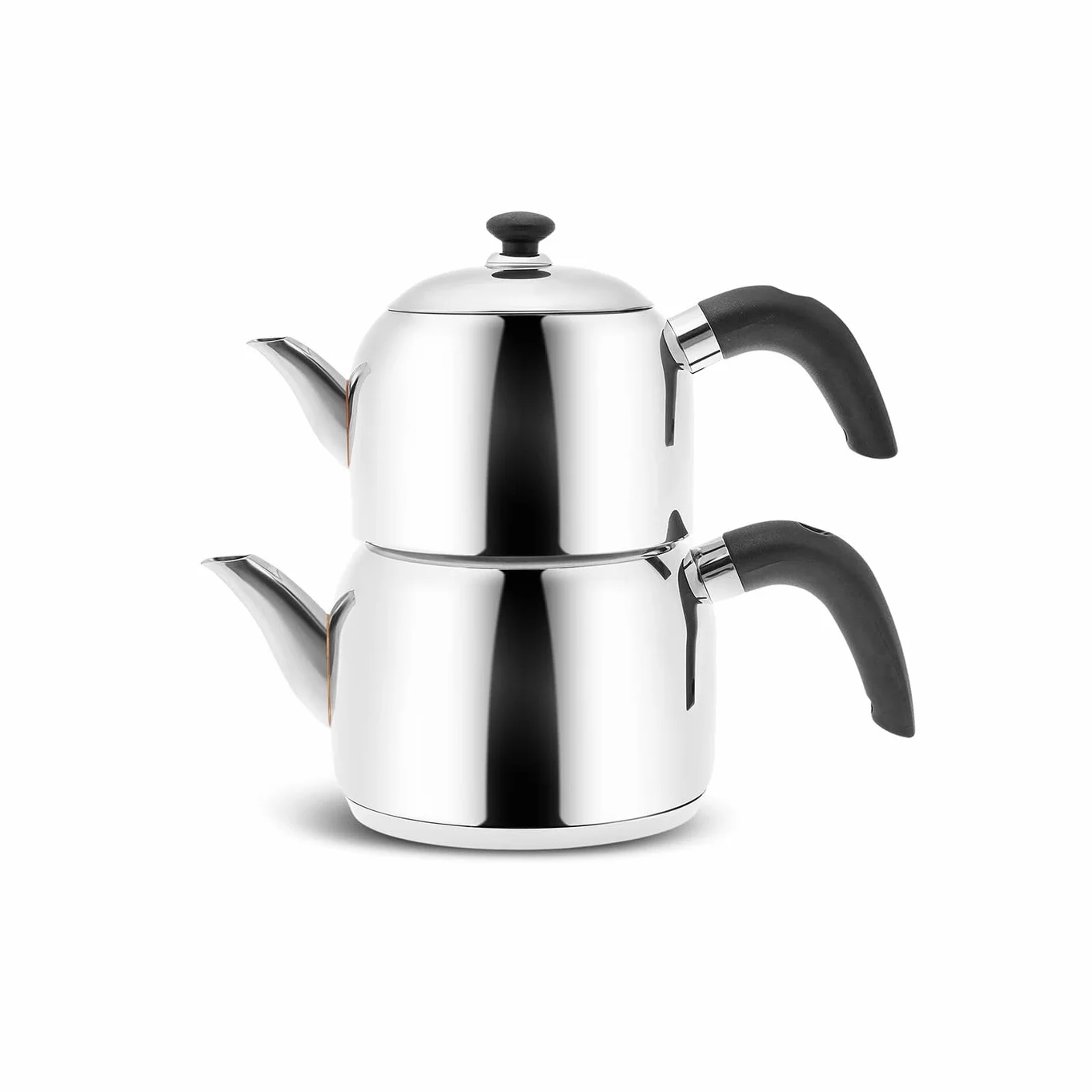 Karaca Edge Mini turecki zestaw czajniczek do herbaty ze stali nierdzewnej z pokrywką, turecki dzbanek do herbaty 0,85 l i zbiornik na wodę 1,25 l, niepalący się bakelit, czarne uchwyty, zaparzacz do