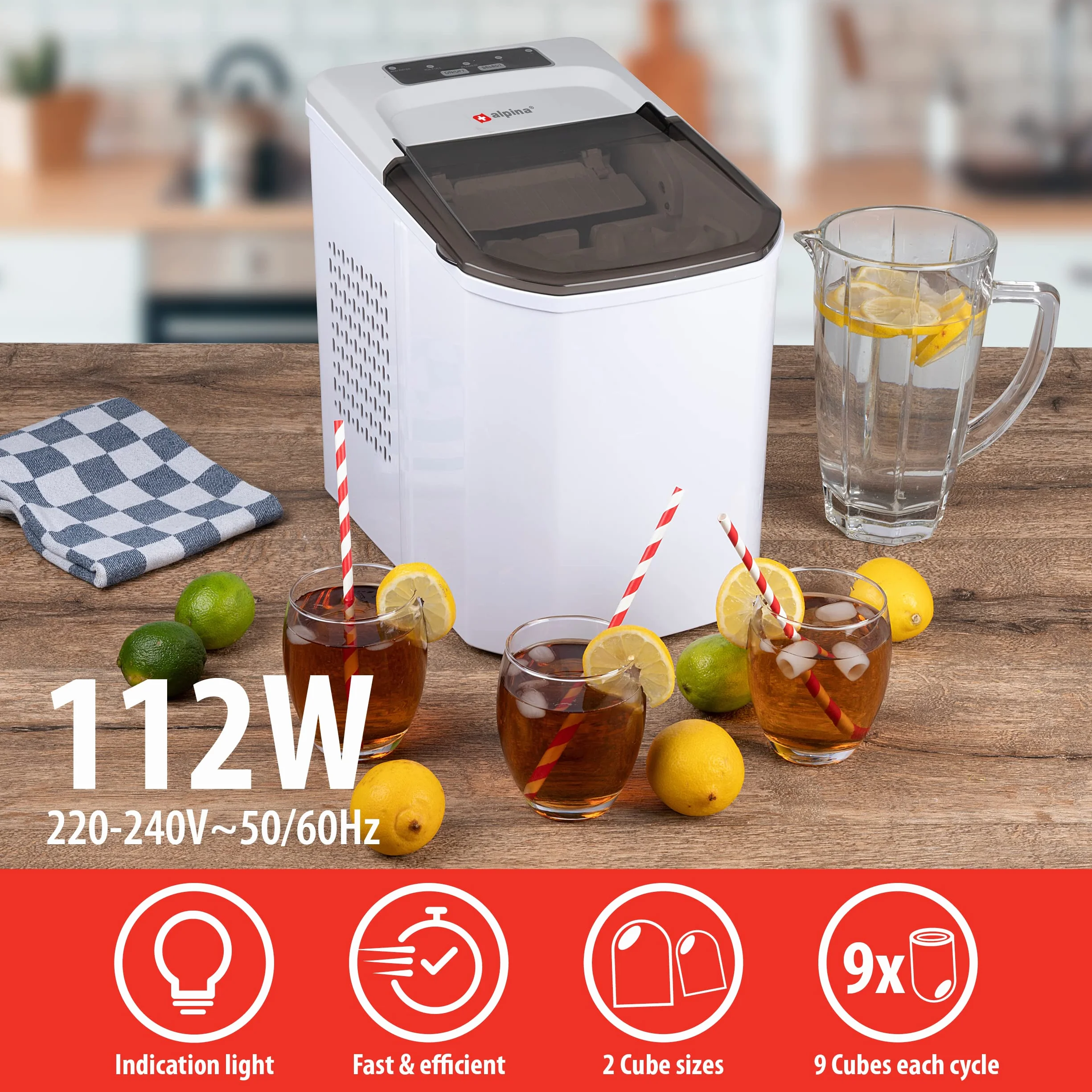 alpina Kostkarka do kostek lodu - 2 rozmiary kostek lodu - produkcja w 10-12 minut - przezroczysta pokrywa - biała