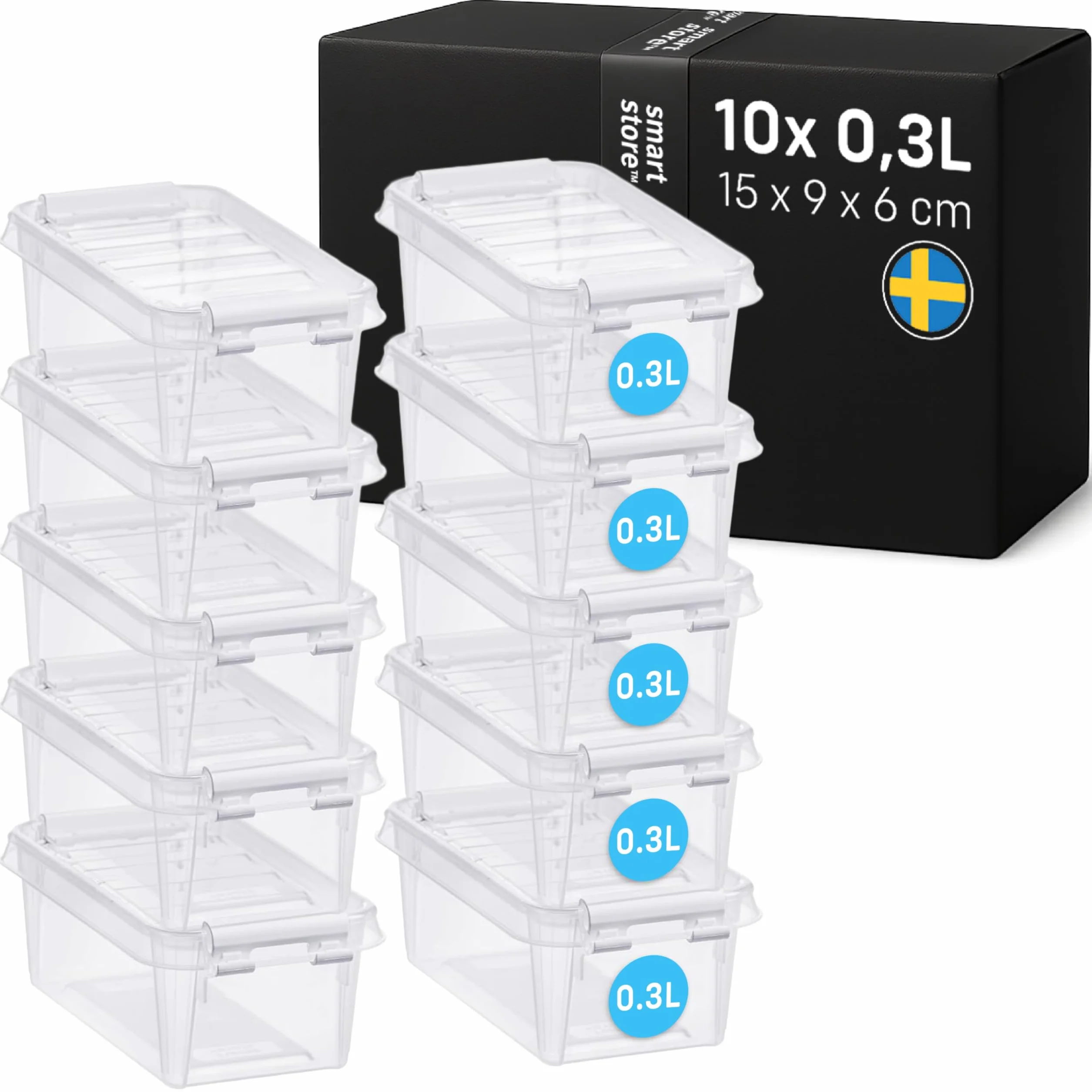 SmartStore Małe plastikowe pudełka do przechowywania 0,3 l z pokrywkami, zestaw 10 sztuk, przezroczyste, można układać w stos i gniazdować, bezpieczne dla żywności i bez BPA, zamykane na klips, dł. 15