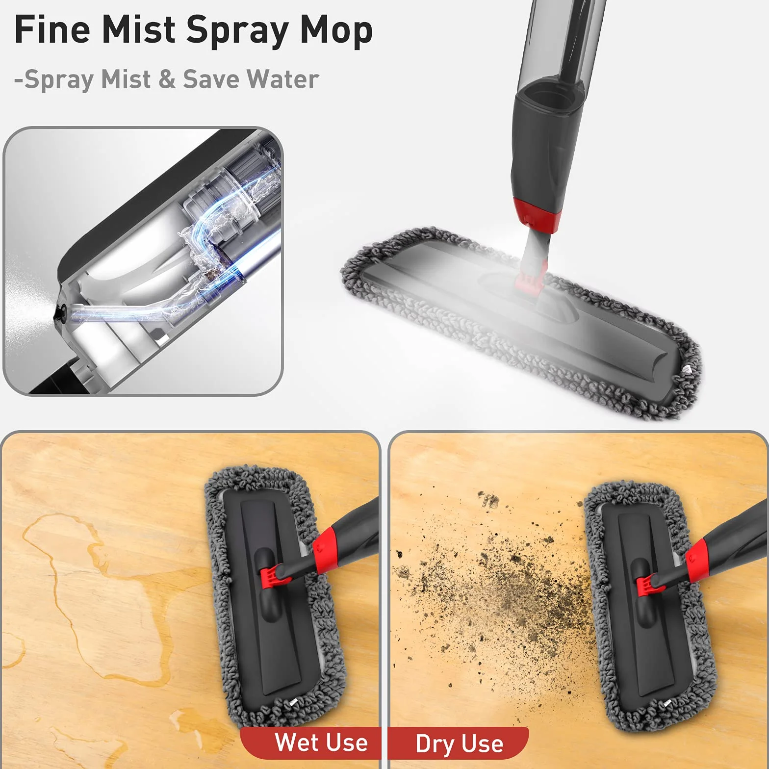 Mopy natryskowe do czyszczenia – 135 cm, 750 ml mopy natryskowe, mop podłogowy z mikrofibry do laminatu, płytek, ceramiki, czyszczenia podłóg z twardego drewna z 3 podkładkami wielokrotnego