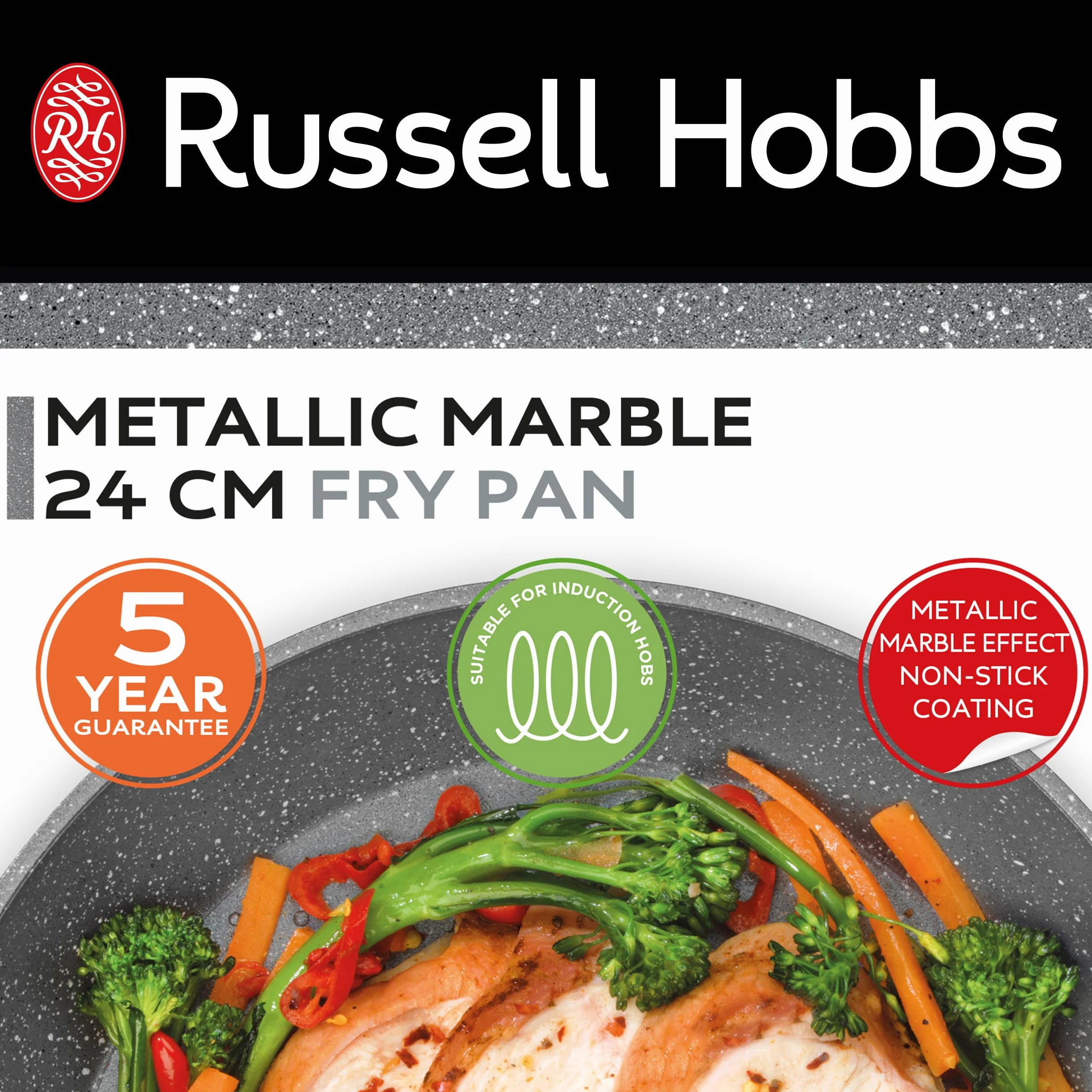 Russell Hobbs RH02799EU7 Frying Pan, Non-Stick, Induction Hob Suitable Cooking Pan, Cook With Little or No Oil For Healthy Meals, Soft Grip Handle, Metallic Marble, Strong Forged Aluminium, 24 cm