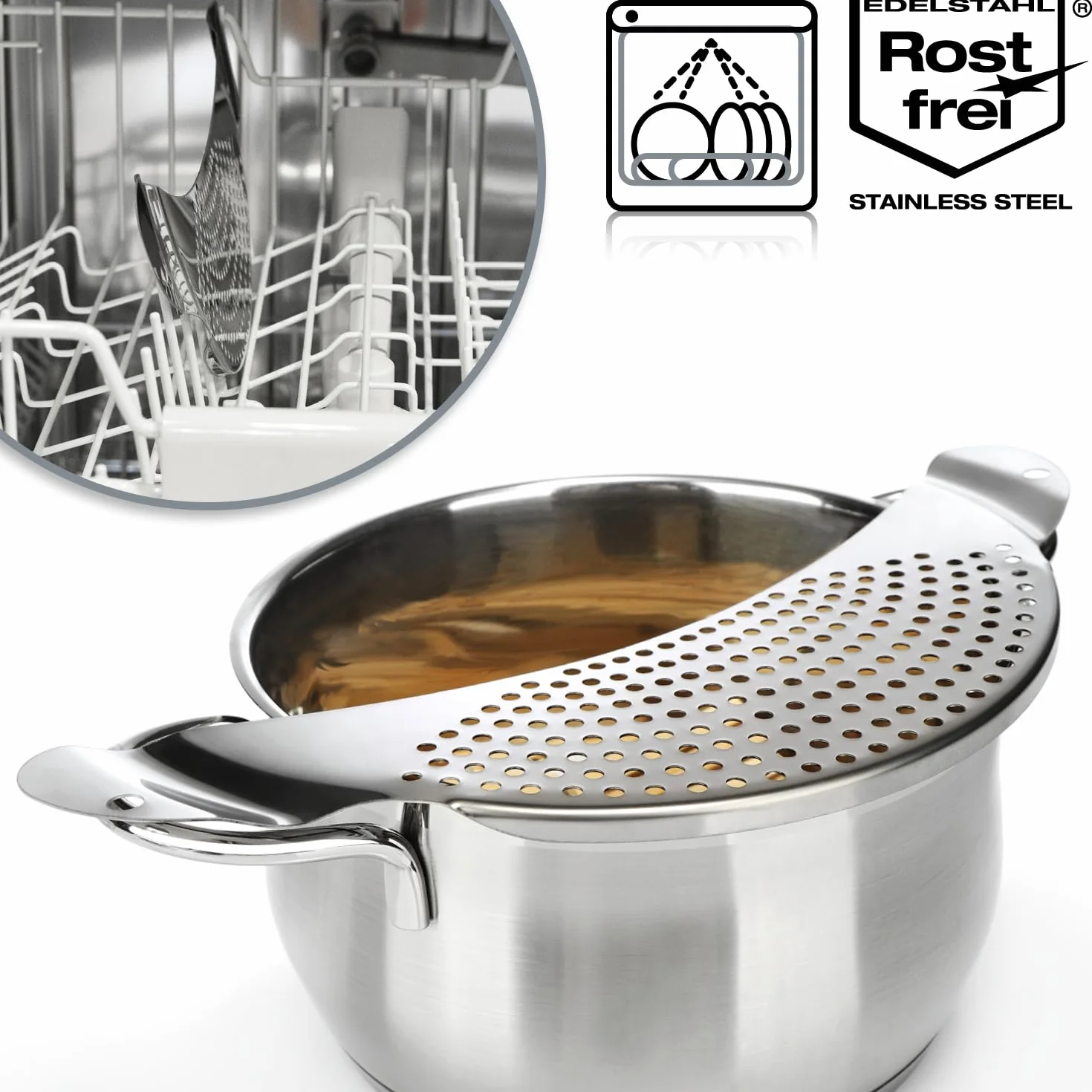 COM-FOUR® sitko do garnków - sitko w ksztalcie pólksiezyca - kratka ociekowa do misek, patelni i garnków 24 cm - pólokragle sitko, sitko do makaronu mozna myc w zmywarce, stal nierdzewna 430