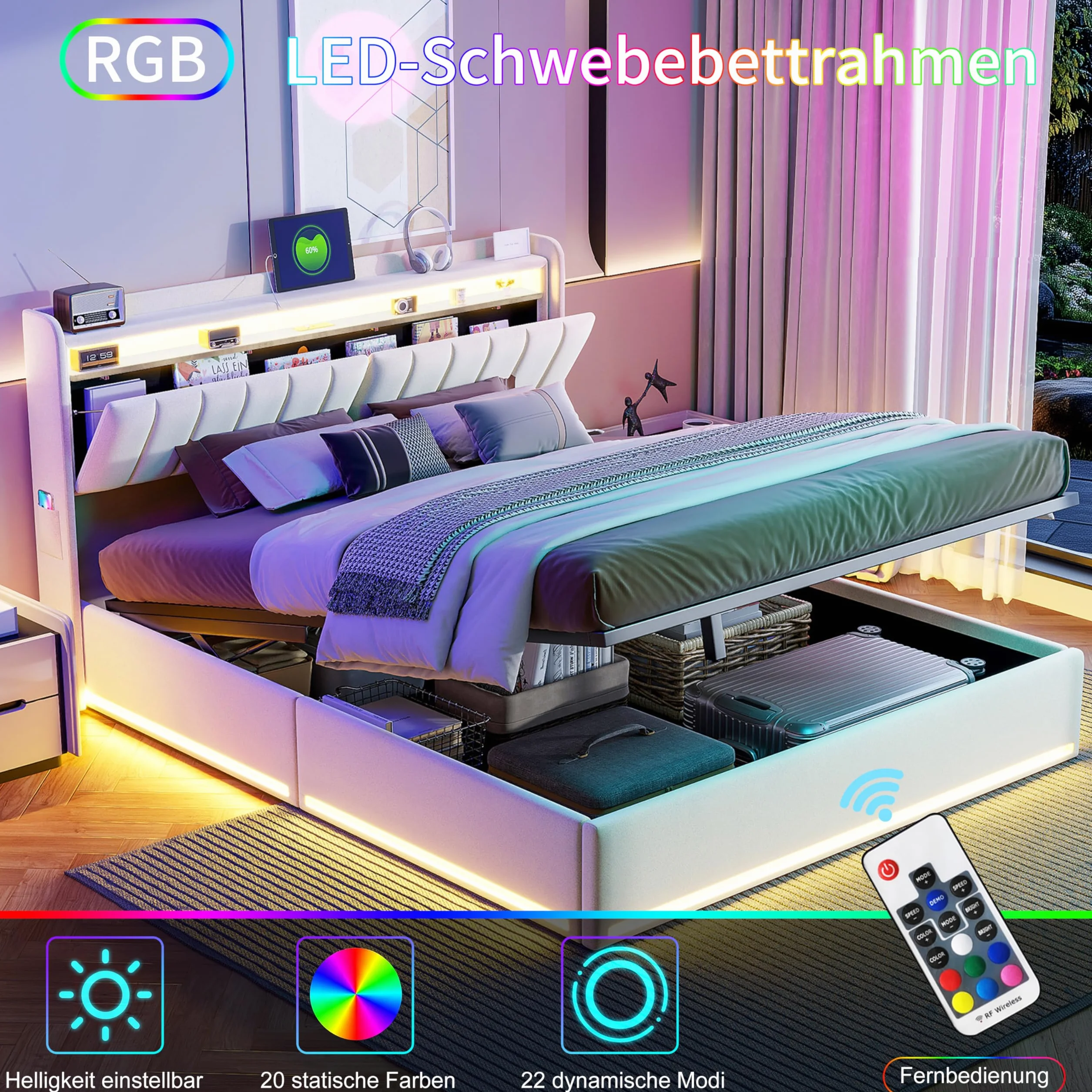 Łóżko tapicerowane z miejscem do przechowywania, 140 x 200 cm, podwójne łóżko z oświetleniem USB i LED, hydrauliczne łóżko do przechowywania, rama łóżka ze stelażem i skrzynią na pościel