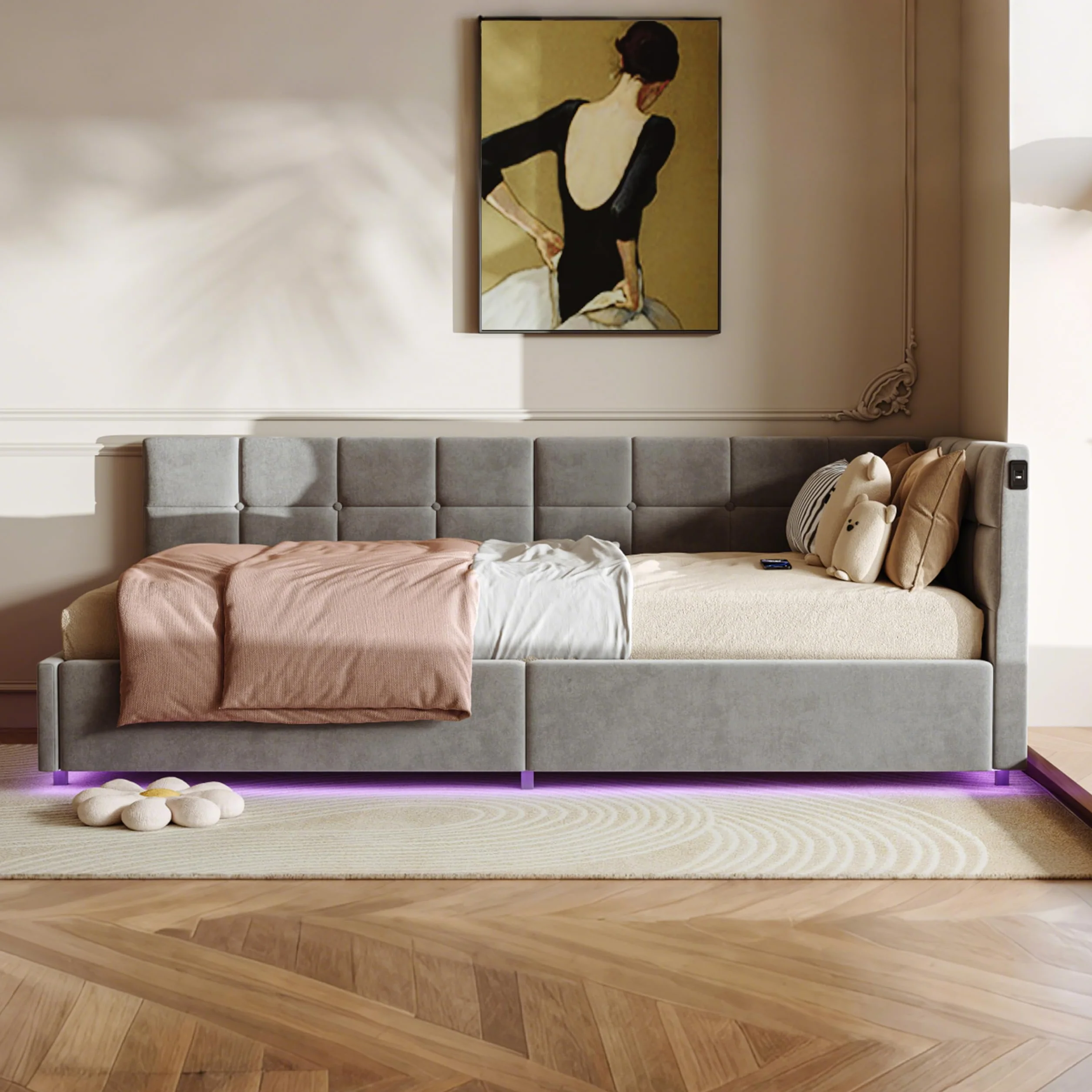 Łóżko tapicerowane, sofa z funkcją spania, 90 x 200 cm, z diodami LED i USB, łóżko młodzieżowe, wielofunkcyjne z hydrauliczną przestrzenią do przechowywania i skrzynią na pościel, sofa z funkcją