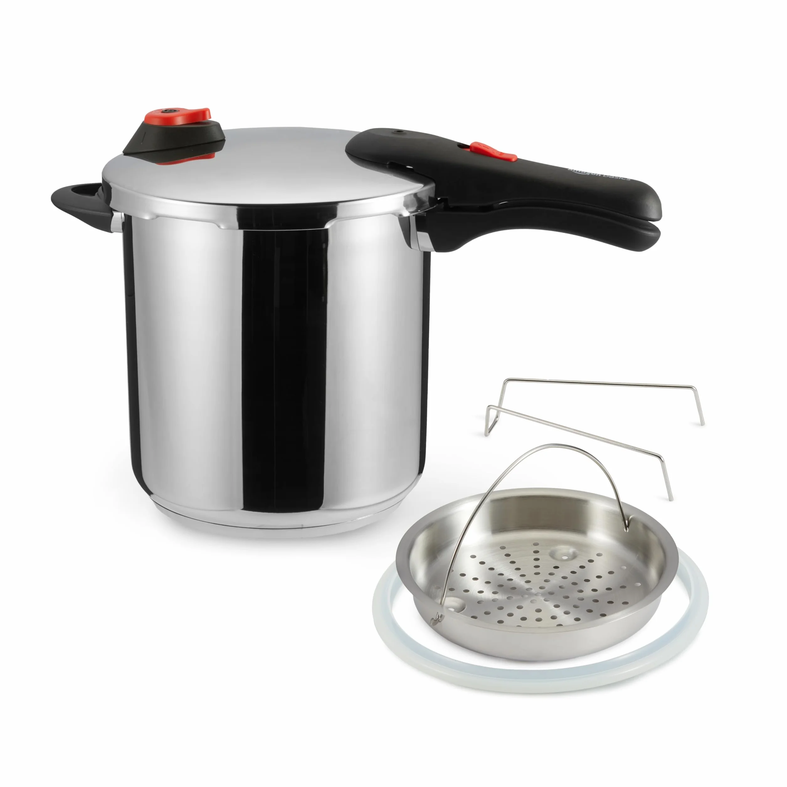 Amazon Basics szybkowar ze stali nierdzewnej z parowarem i dodatkowym silikonowym pierścieniem, 9 l