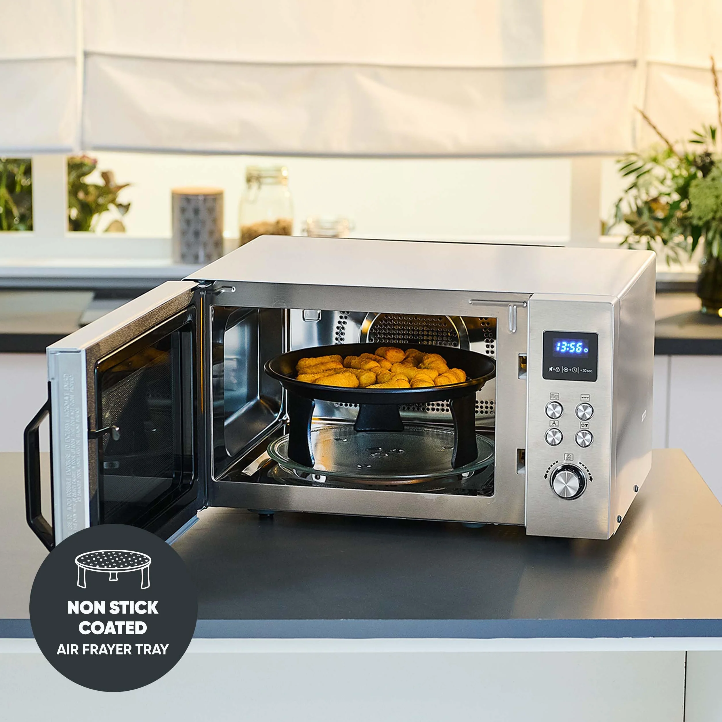 Kuchenka mikrofalowa SEVERIN 4 w 1 „Crispy Wave”, funkcja gorącego powietrza do 230°C, frytkownica na gorące powietrze, piekarnik i grill, maks. moc 2150 W, 25 l, srebrna/stal nierdzewna, MW 7982