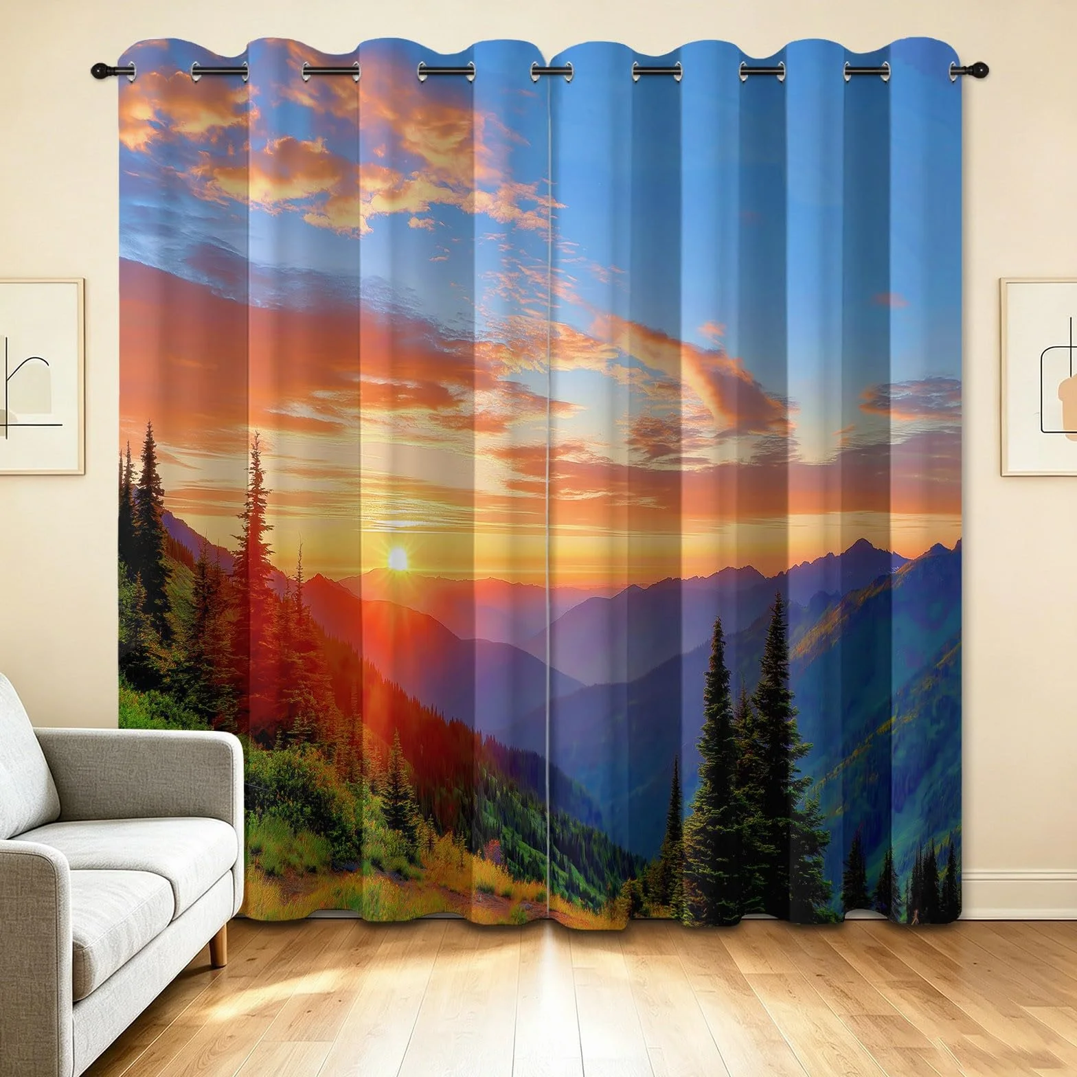 Nieprzezroczyste zasłony, 2 sztuki, wys. 260 x szer. 110 cm, las, zachód słońca, góry, miękkie zasłony termiczne z oczkami, wieczorna czerwień, do fotografii, zasłony zaciemniające do salonu, sypialni